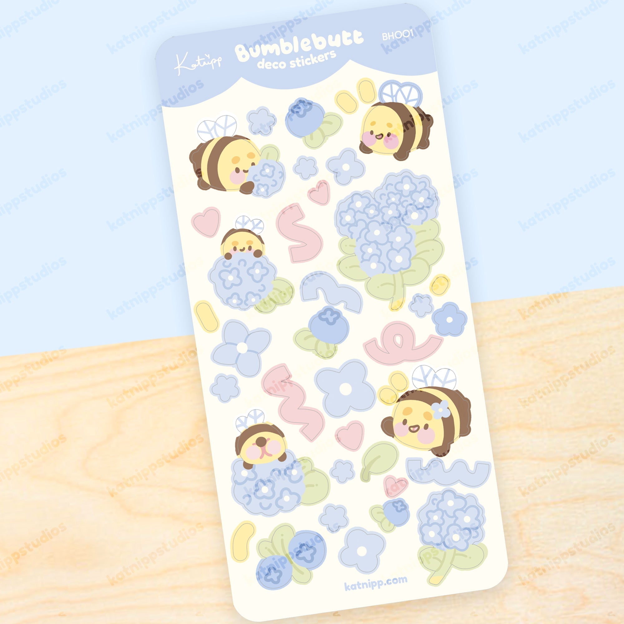Bumblebutt & Blue Hydrangeas Deco Sticker Sheet | Cute Kawaii Bee Planner Stickers | BH001 Katnipp character product
