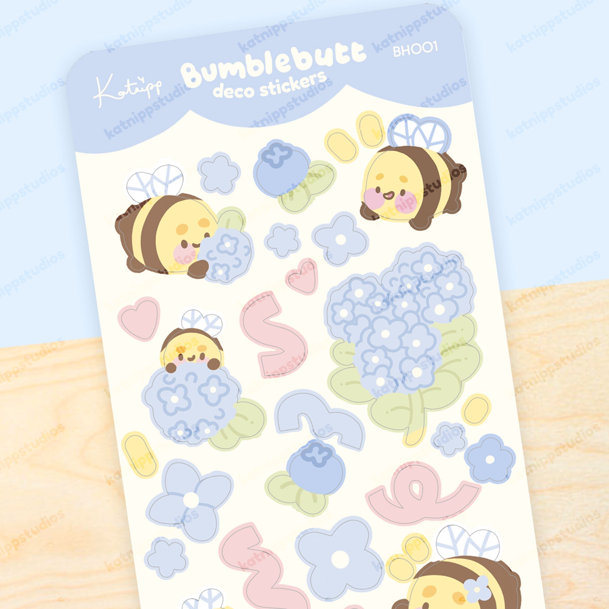 Bumblebutt & Blue Hydrangeas Deco Sticker Sheet | Cute Kawaii Bee Planner Stickers | BH001 Katnipp character product