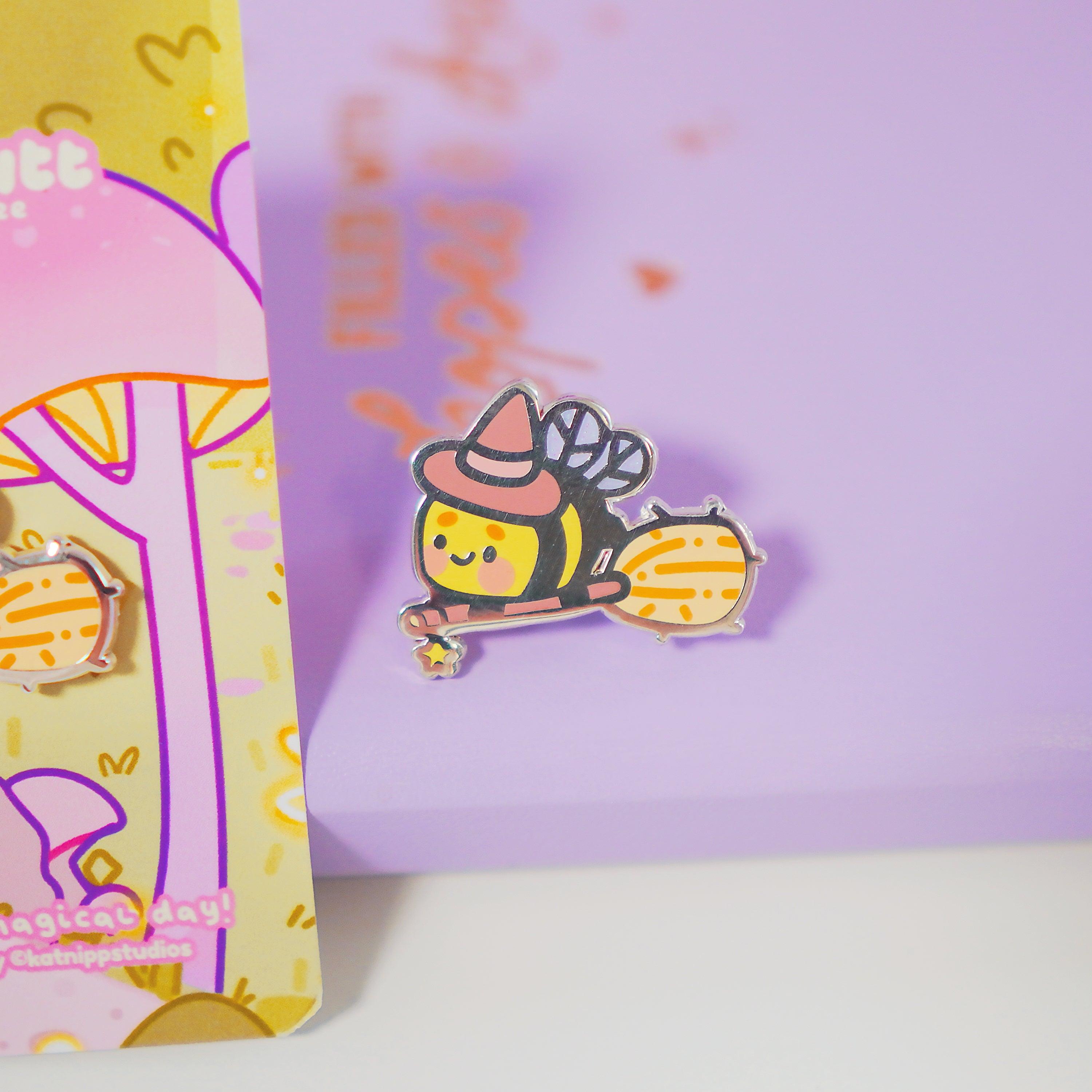 Bumblebutt Halloween Witch Enamel Pin | Kawaii Bumblebee on Broomstick - Katnipp Studios