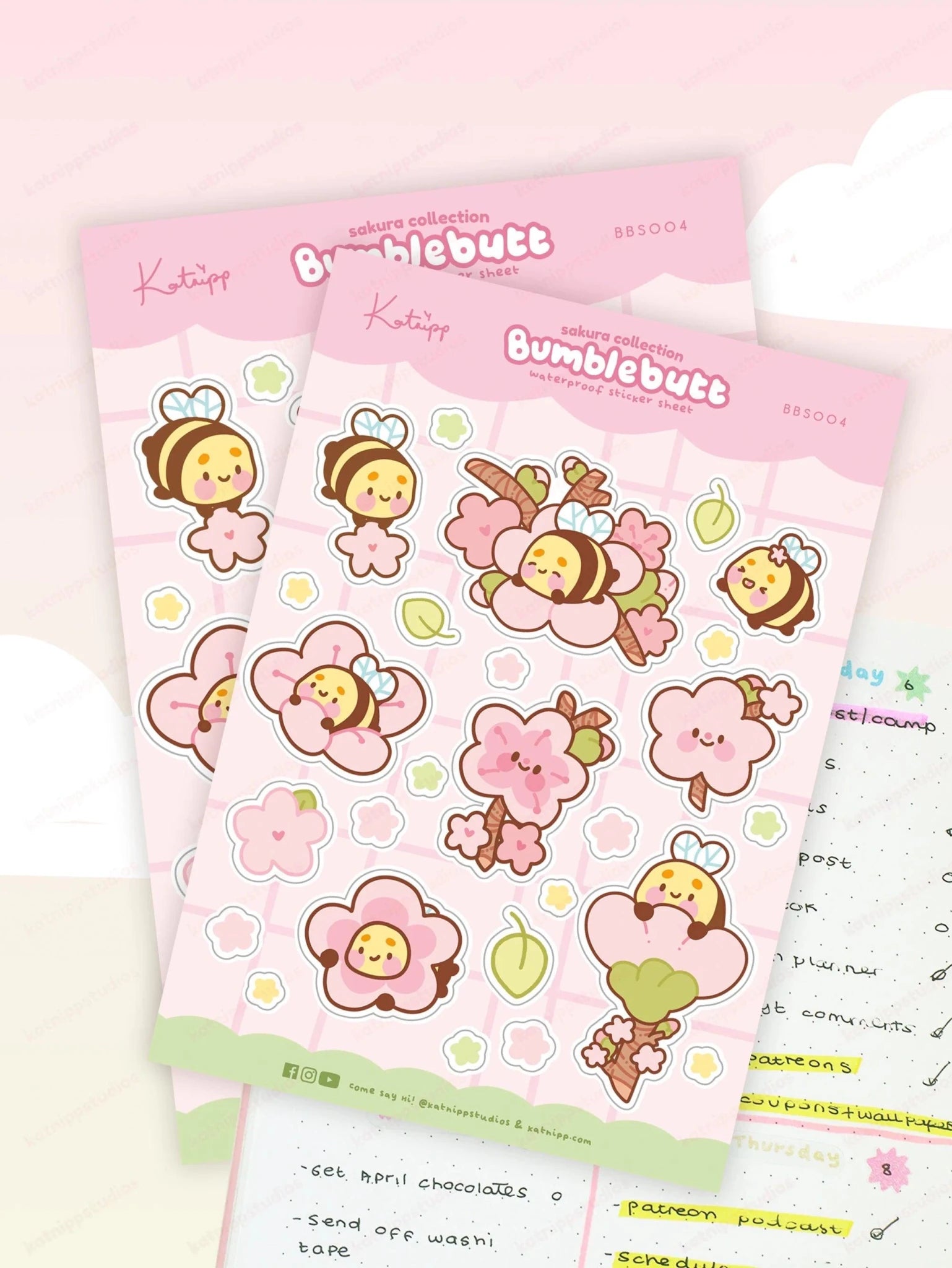 Bumblebutt Sakura A5 Waterproof Vinyl Sticker Sheet | Cute Kawaii Cherry Blossom Stickers | BBS004 Katnipp character product