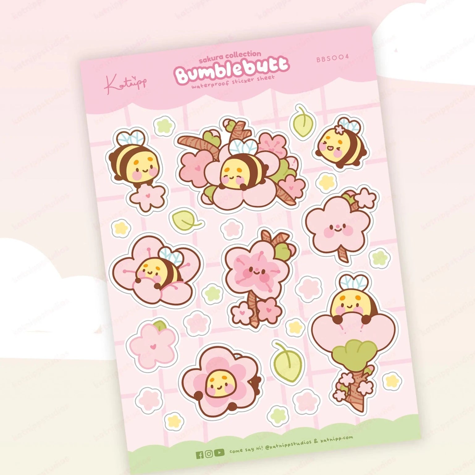 Bumblebutt Sakura A5 Waterproof Vinyl Sticker Sheet | Cute Kawaii Cherry Blossom Stickers | BBS004 Katnipp character product