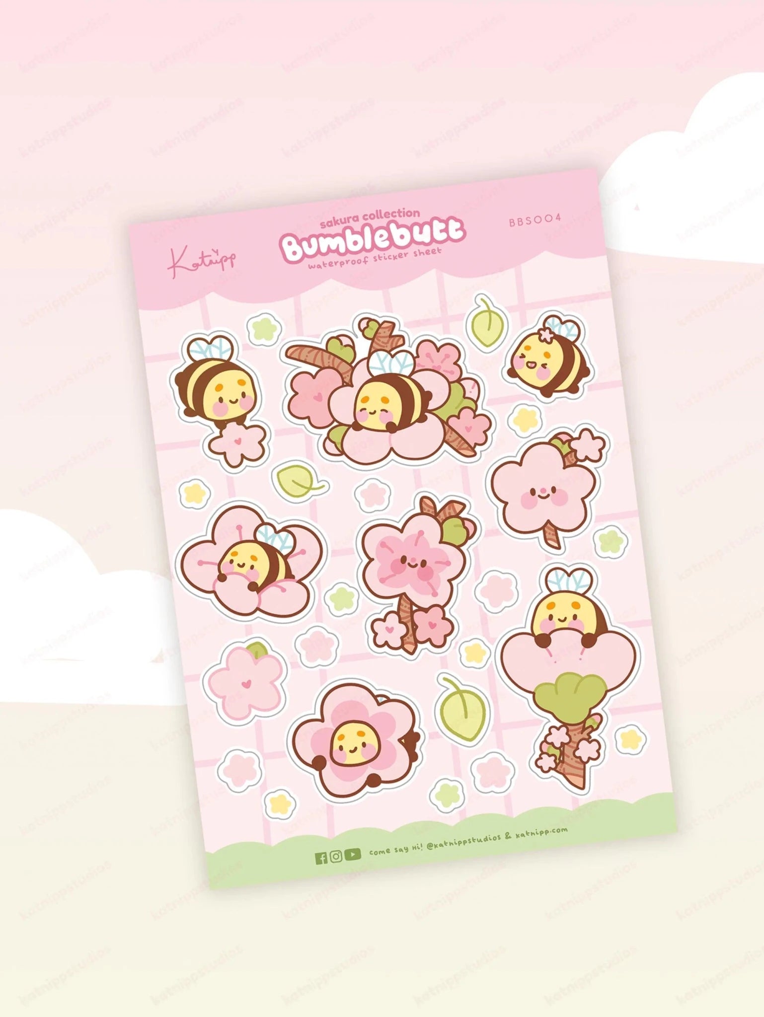 Bumblebutt Sakura A5 Waterproof Vinyl Sticker Sheet | Cute Kawaii Cherry Blossom Stickers | BBS004 Katnipp character product