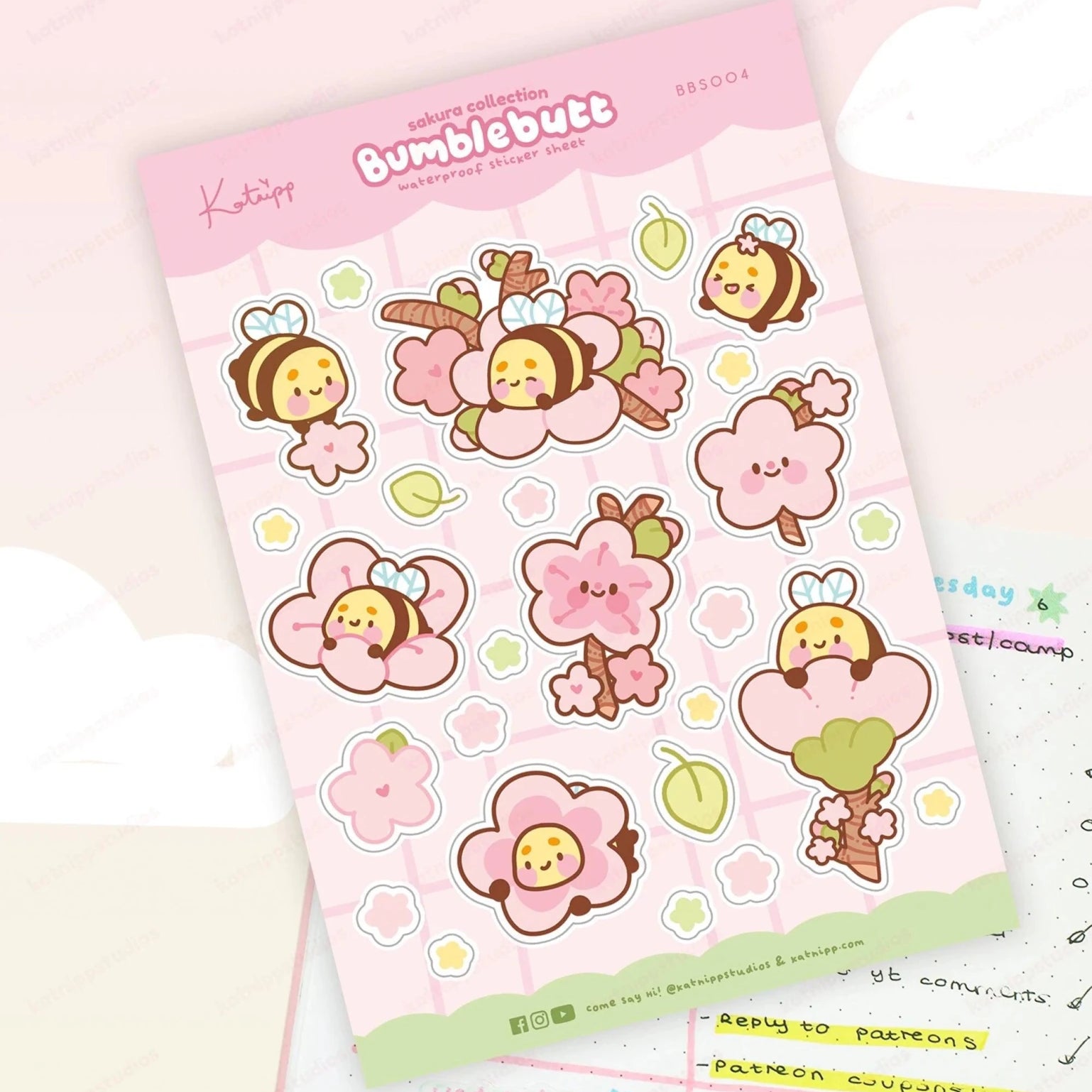 Bumblebutt Sakura A5 Waterproof Vinyl Sticker Sheet | Cute Kawaii Cherry Blossom Stickers | BBS004 Katnipp character product