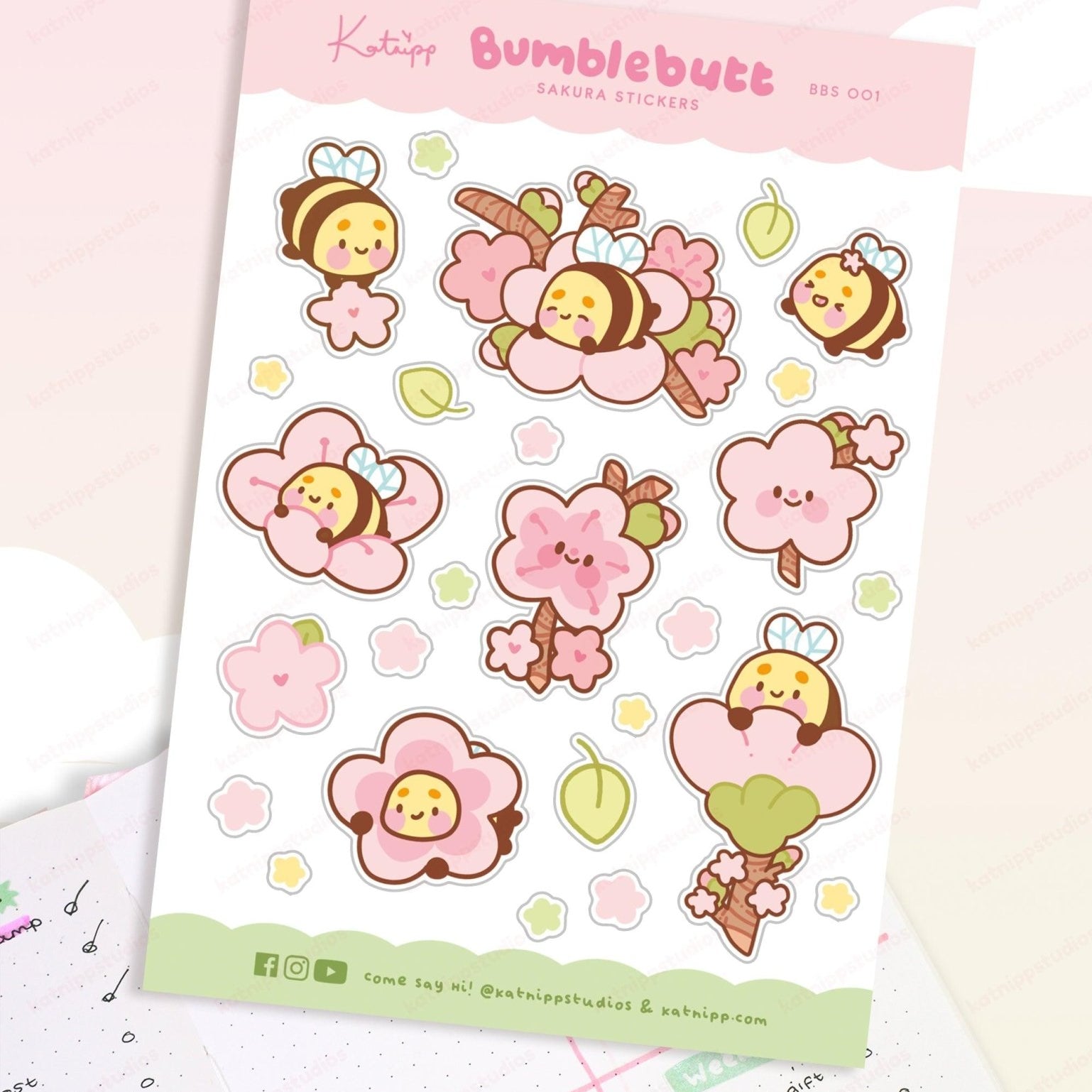 Bumblebutt Sakura A6 Planner Sticker Sheet | Cute Kawaii Bee & Cherry Blossom Stickers | BBS001 Katnipp character product