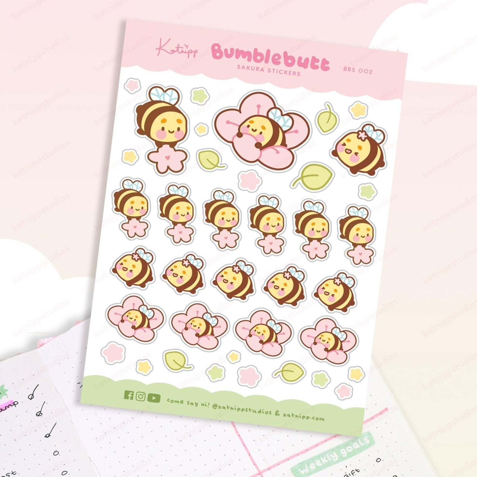 Bumblebutt Sakura A6 Planner Sticker Sheet | Cute Kawaii Bee & Cherry Blossom Stickers | BBS002 Katnipp character product