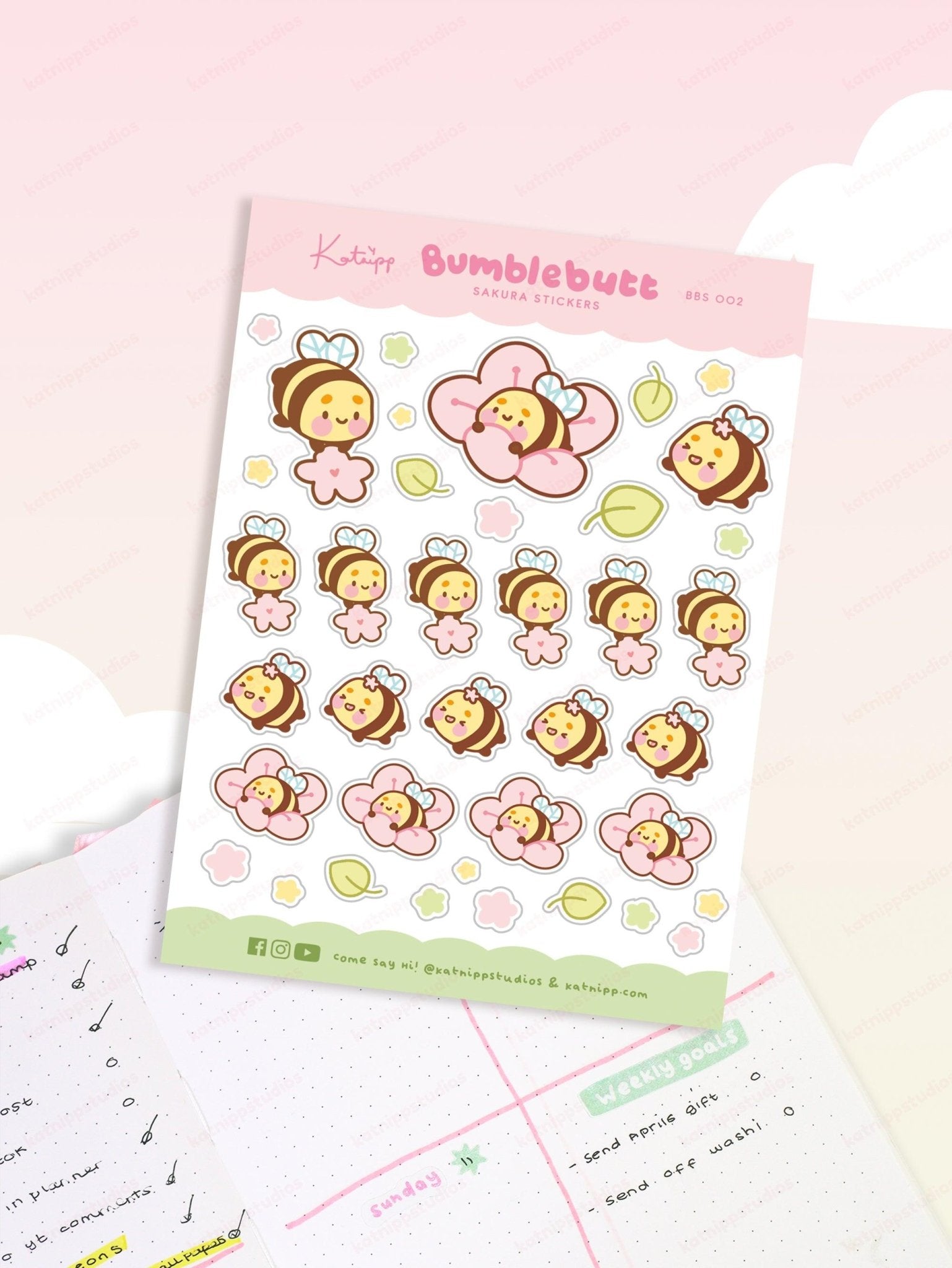 Bumblebutt Sakura A6 Planner Sticker Sheet | Cute Kawaii Bee & Cherry Blossom Stickers | BBS002 Katnipp character product
