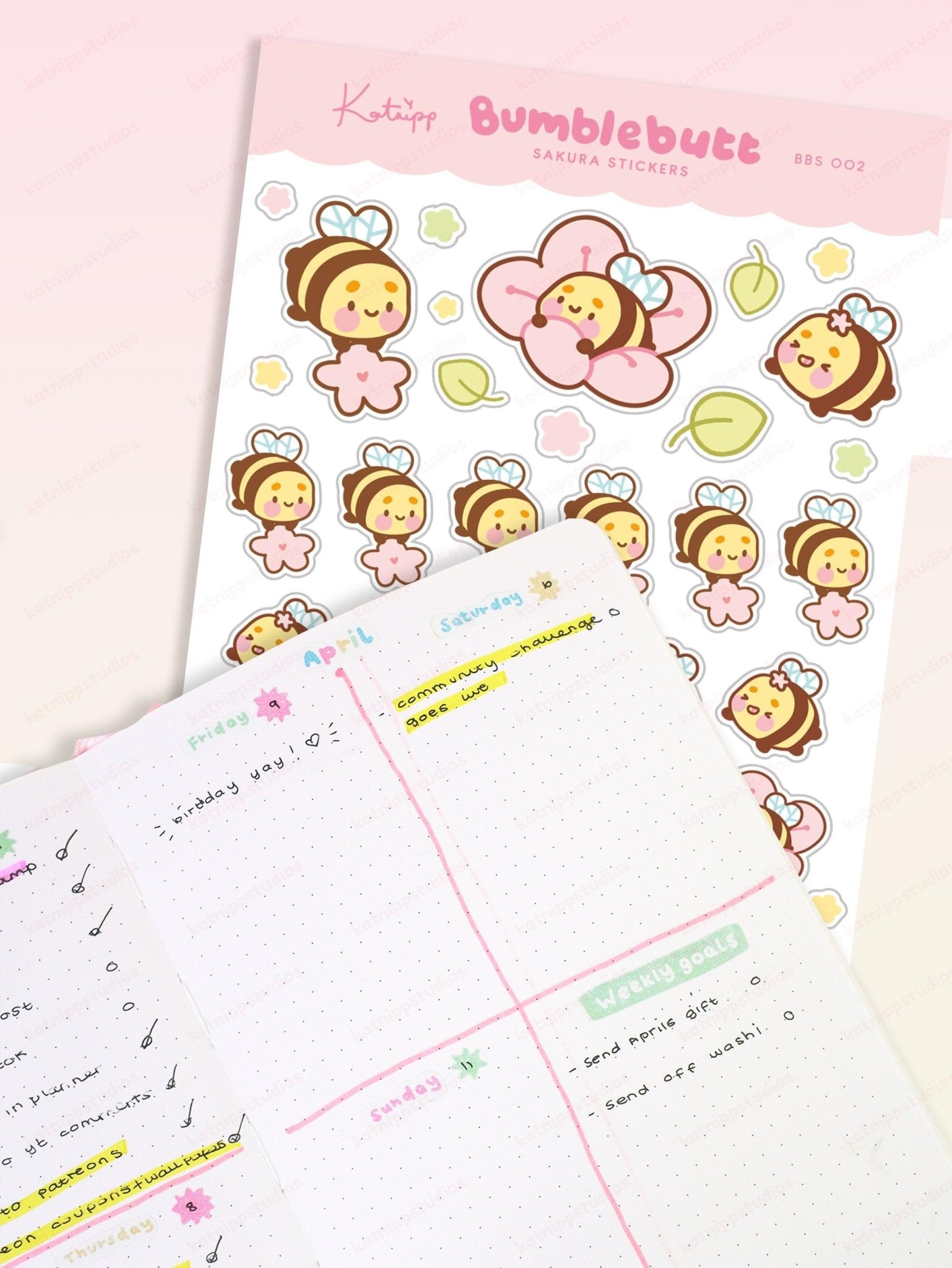 Bumblebutt Sakura A6 Planner Sticker Sheet | Cute Kawaii Bee & Cherry Blossom Stickers | BBS002 Katnipp character product