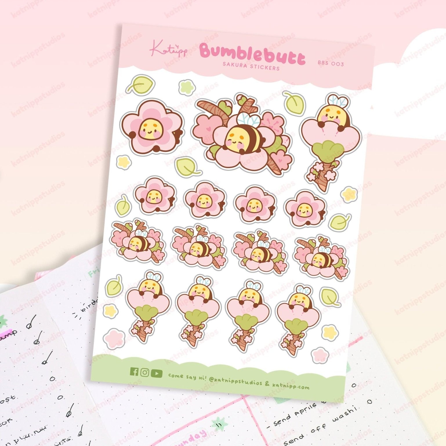 Bumblebutt Sakura A6 Planner Sticker Sheet | Cute Kawaii Bee & Cherry Blossom Stickers | BBS003 Katnipp character product