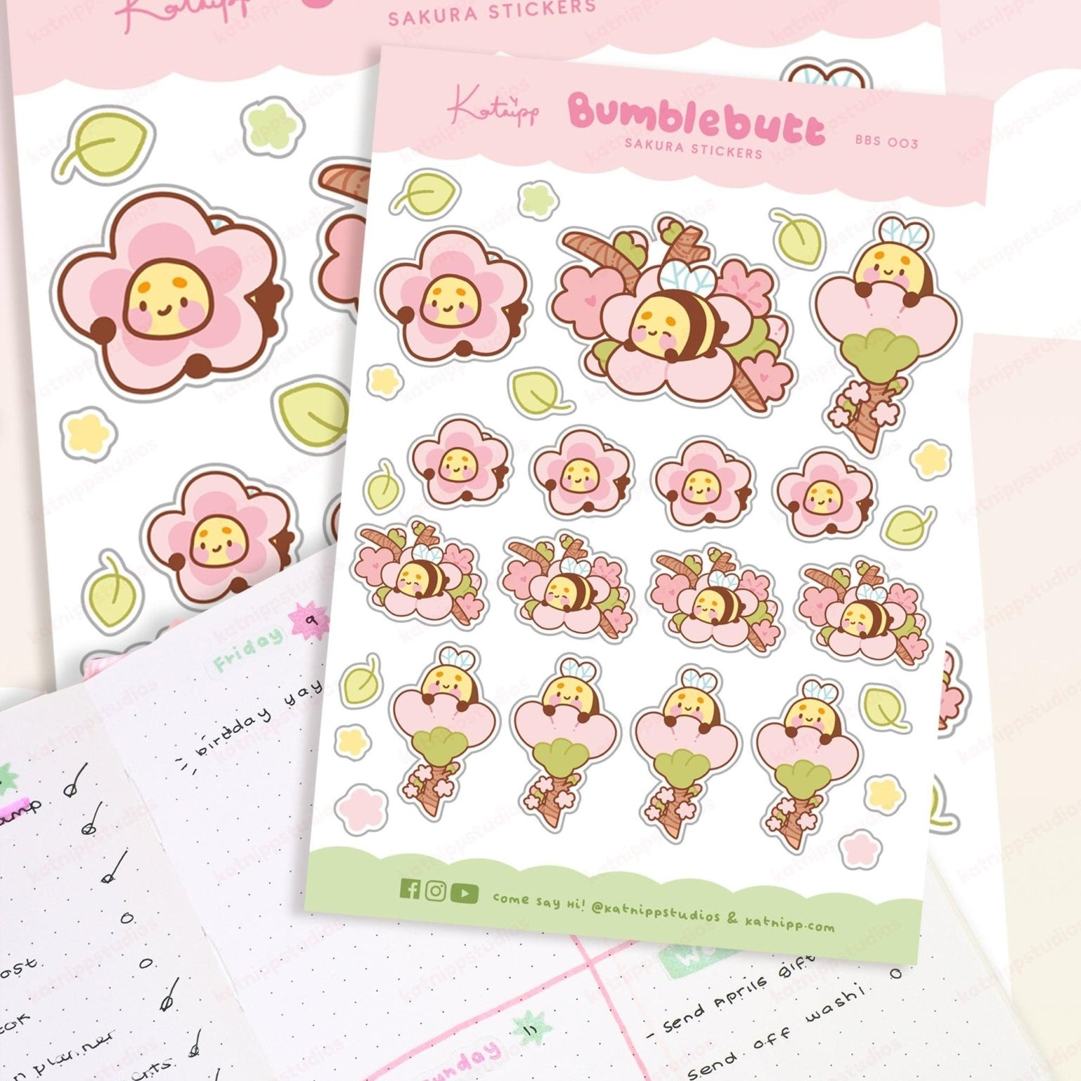 Bumblebutt Sakura A6 Planner Sticker Sheet | Cute Kawaii Bee & Cherry Blossom Stickers | BBS003 Katnipp character product