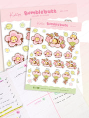 Bumblebutt Sakura A6 Planner Sticker Sheet | Cute Kawaii Bee & Cherry Blossom Stickers | BBS003 Katnipp character product