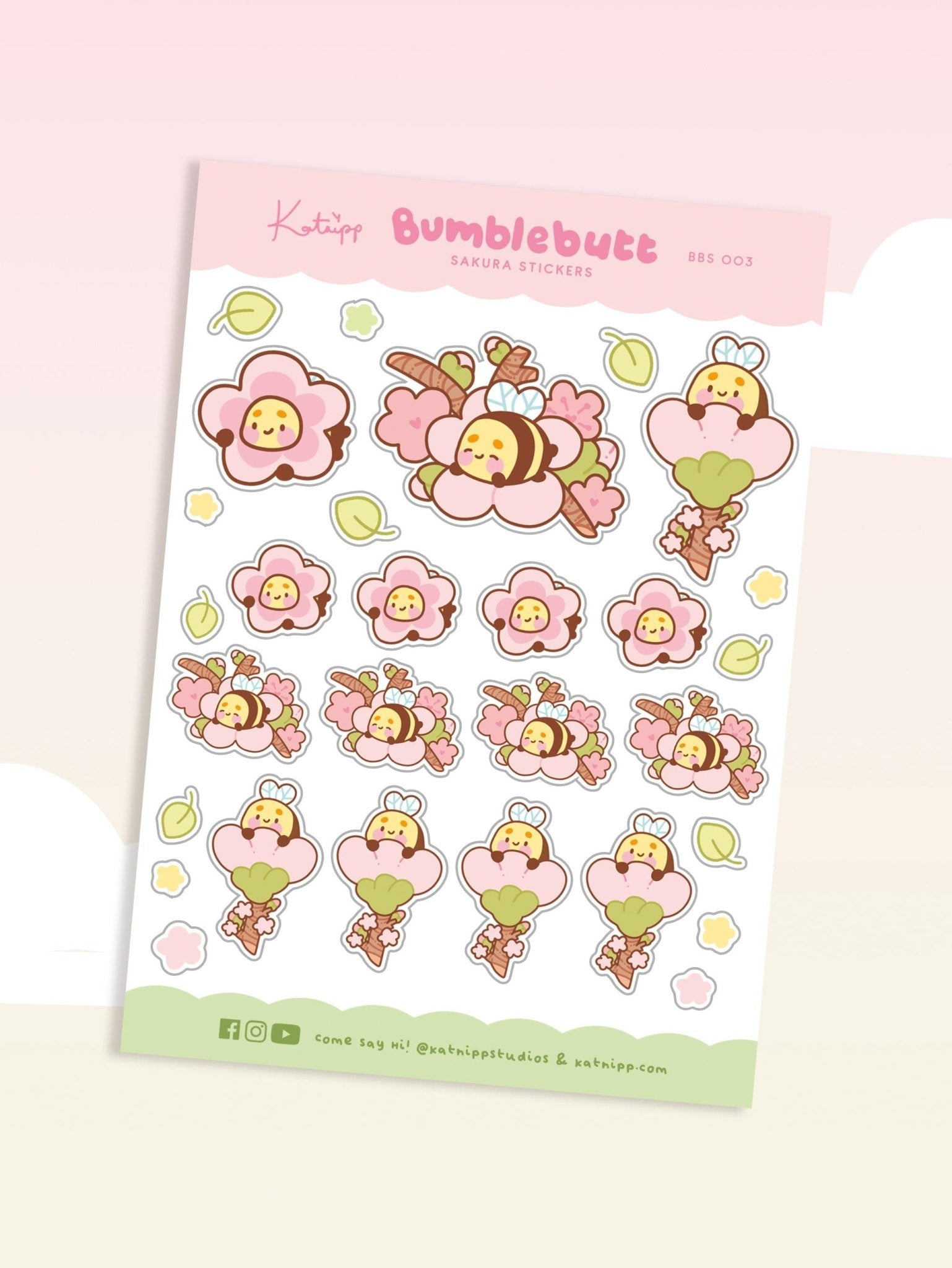 Bumblebutt Sakura A6 Planner Sticker Sheet | Cute Kawaii Bee & Cherry Blossom Stickers | BBS003 Katnipp character product