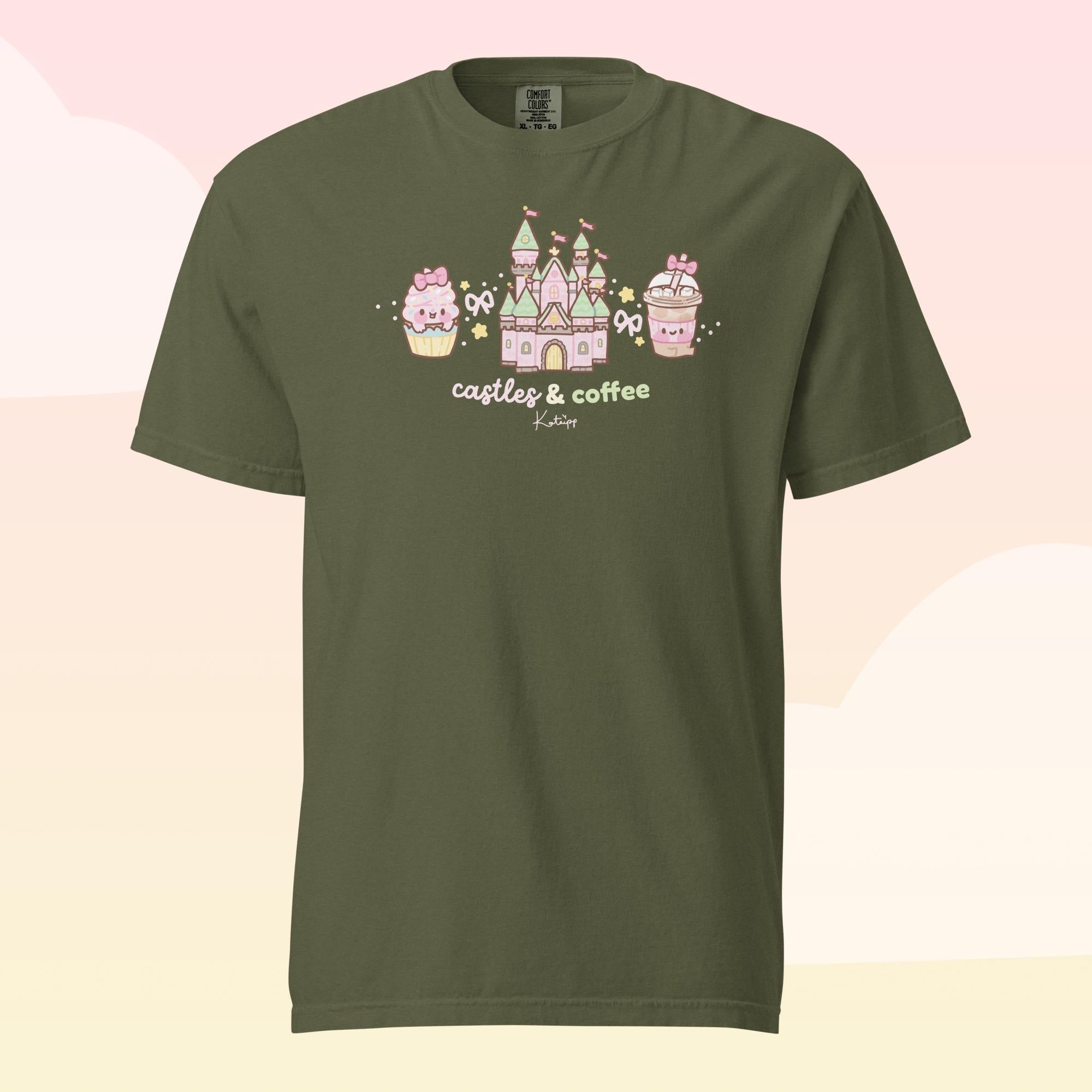 Castles & Coffee Heavyweight Premium T-Shirt | Kawaii Theme Park Graphic Tee | Cosy Kingdom Collection Katnipp character product