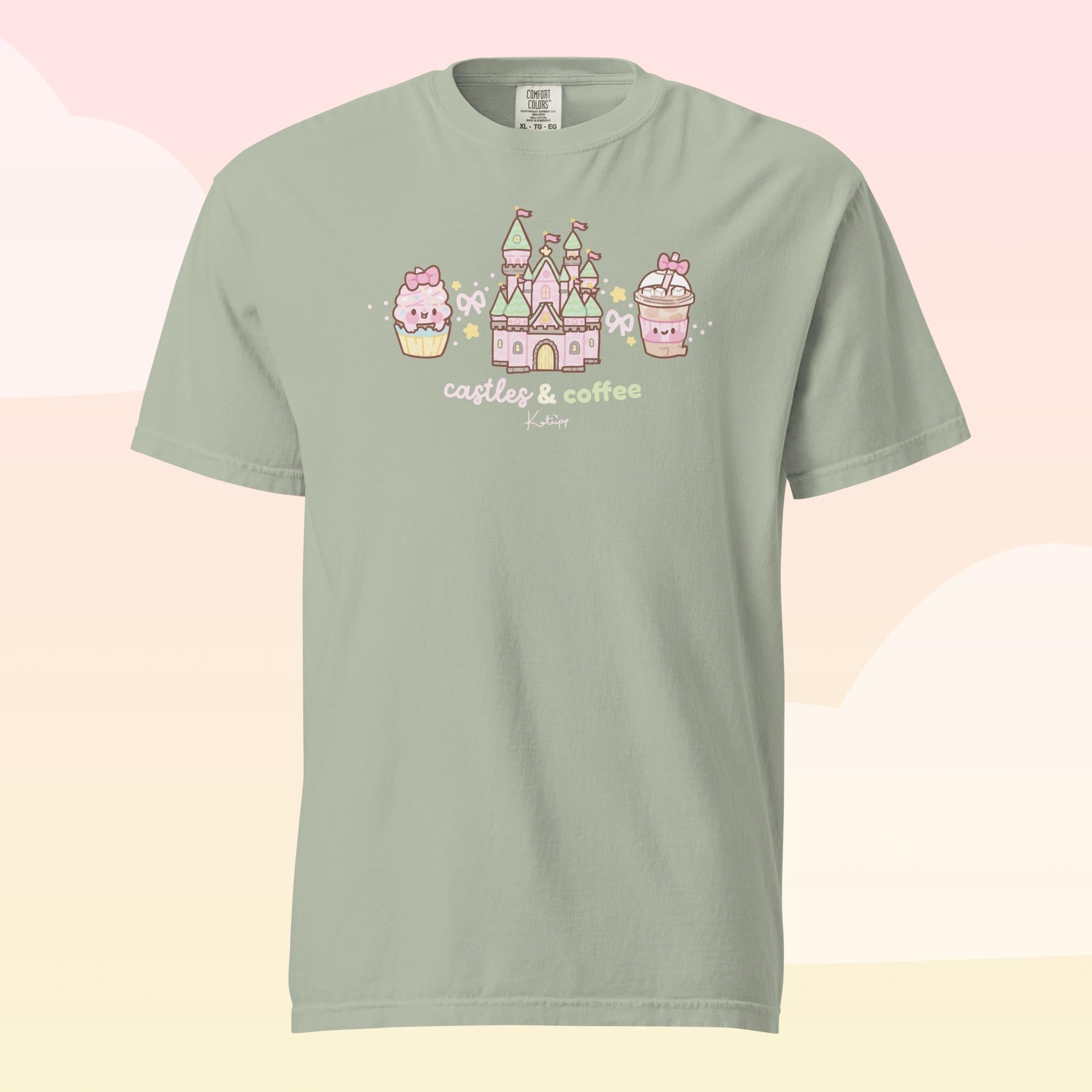 Castles & Coffee Heavyweight Premium T-Shirt | Kawaii Theme Park Graphic Tee | Cosy Kingdom Collection Katnipp character product
