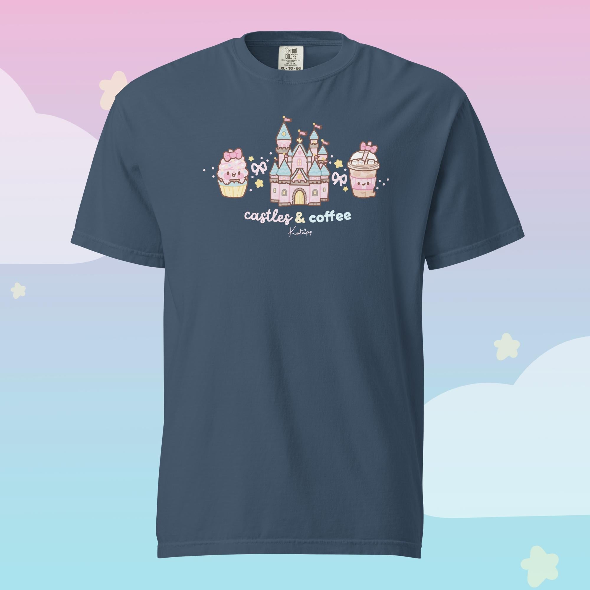 Castles & Coffee Heavyweight Premium T-Shirt | Kawaii Theme Park Graphic Tee | Cosy Kingdom Collection Katnipp character product