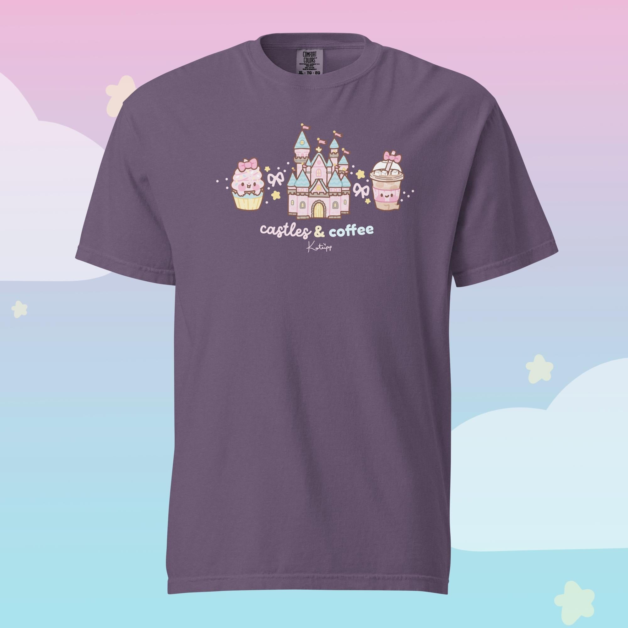 Castles & Coffee Heavyweight Premium T-Shirt | Kawaii Theme Park Graphic Tee | Cosy Kingdom Collection Katnipp character product