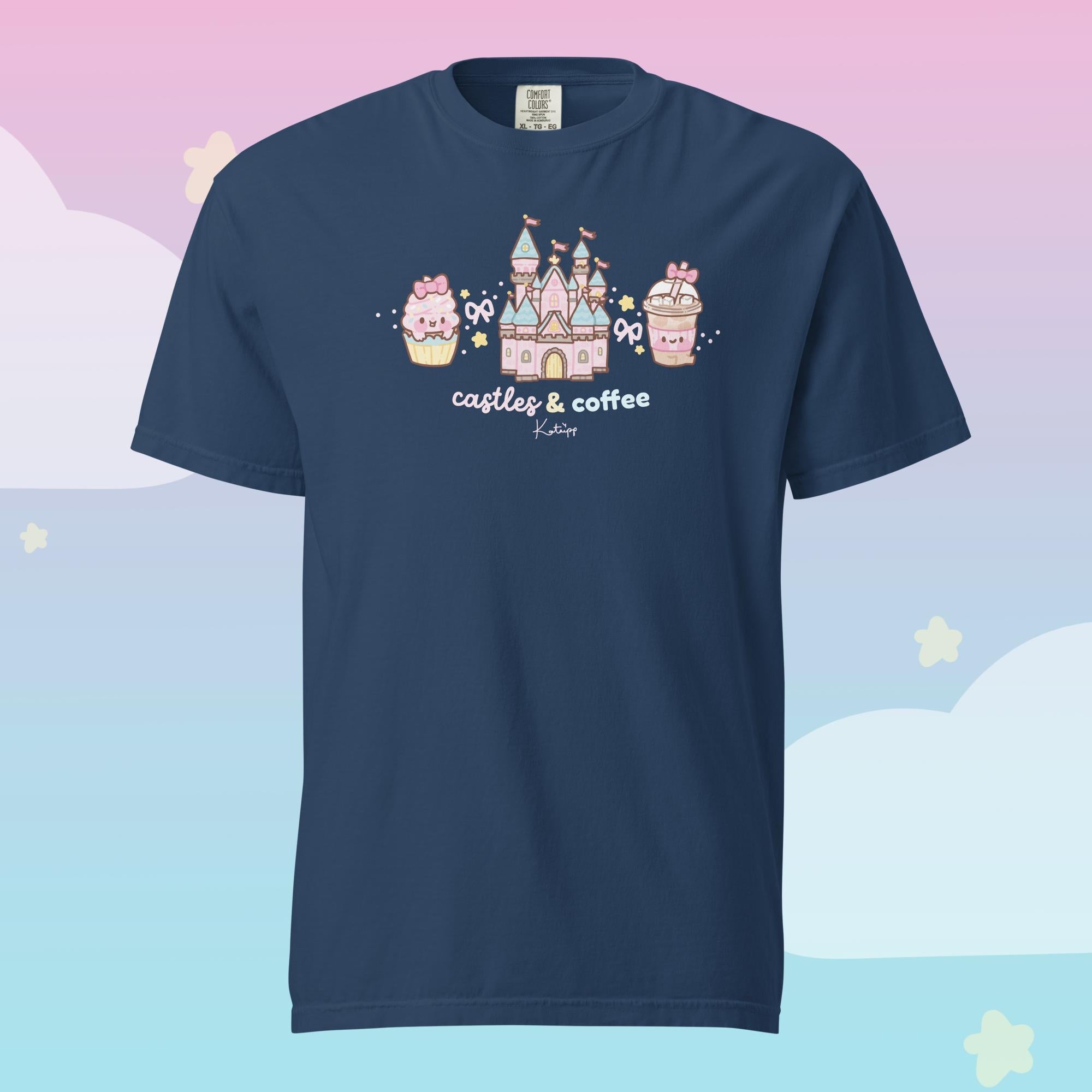 Castles & Coffee Heavyweight Premium T-Shirt | Kawaii Theme Park Graphic Tee | Cosy Kingdom Collection Katnipp character product