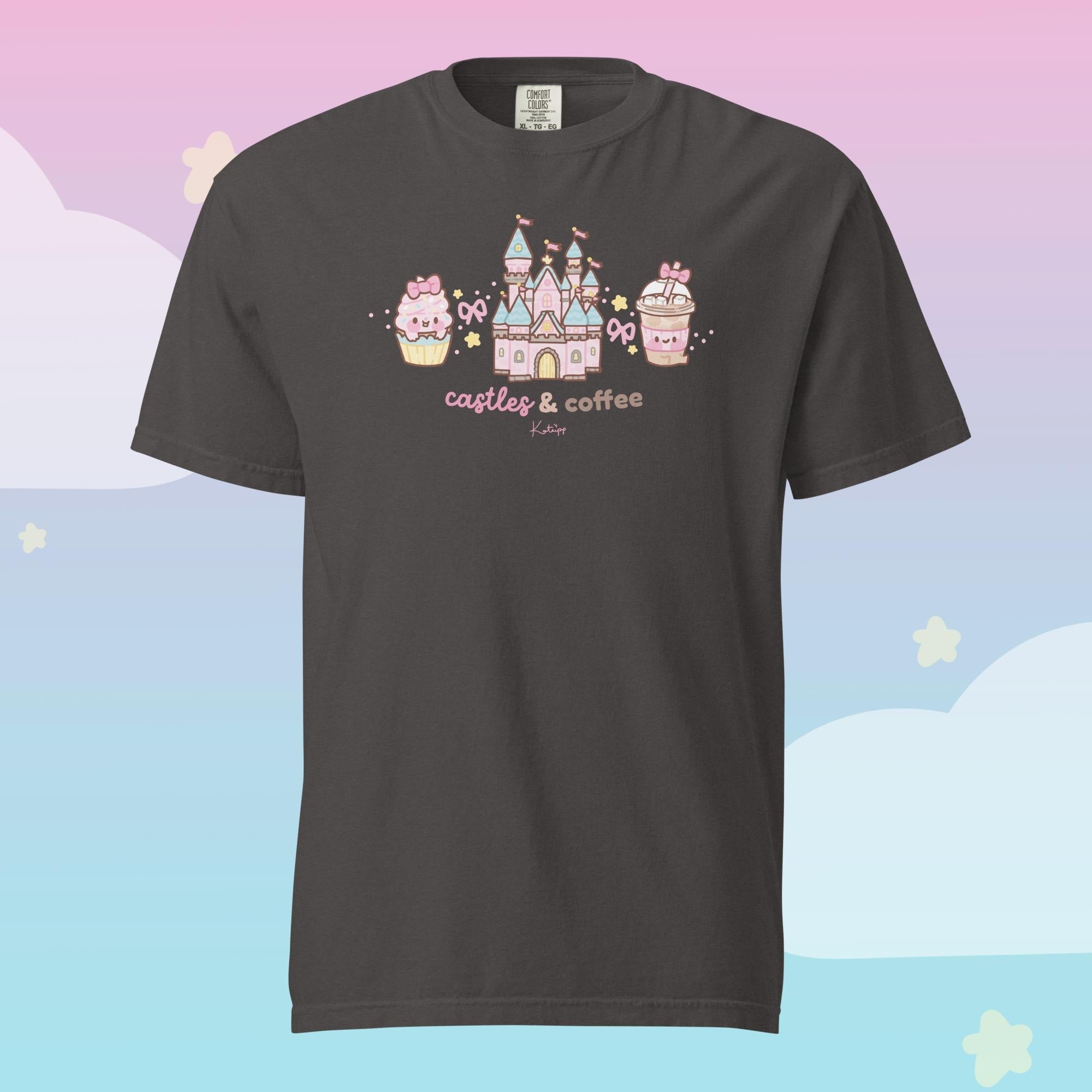 Castles & Coffee Heavyweight Premium T-Shirt | Kawaii Theme Park Graphic Tee | Cosy Kingdom Collection Katnipp character product
