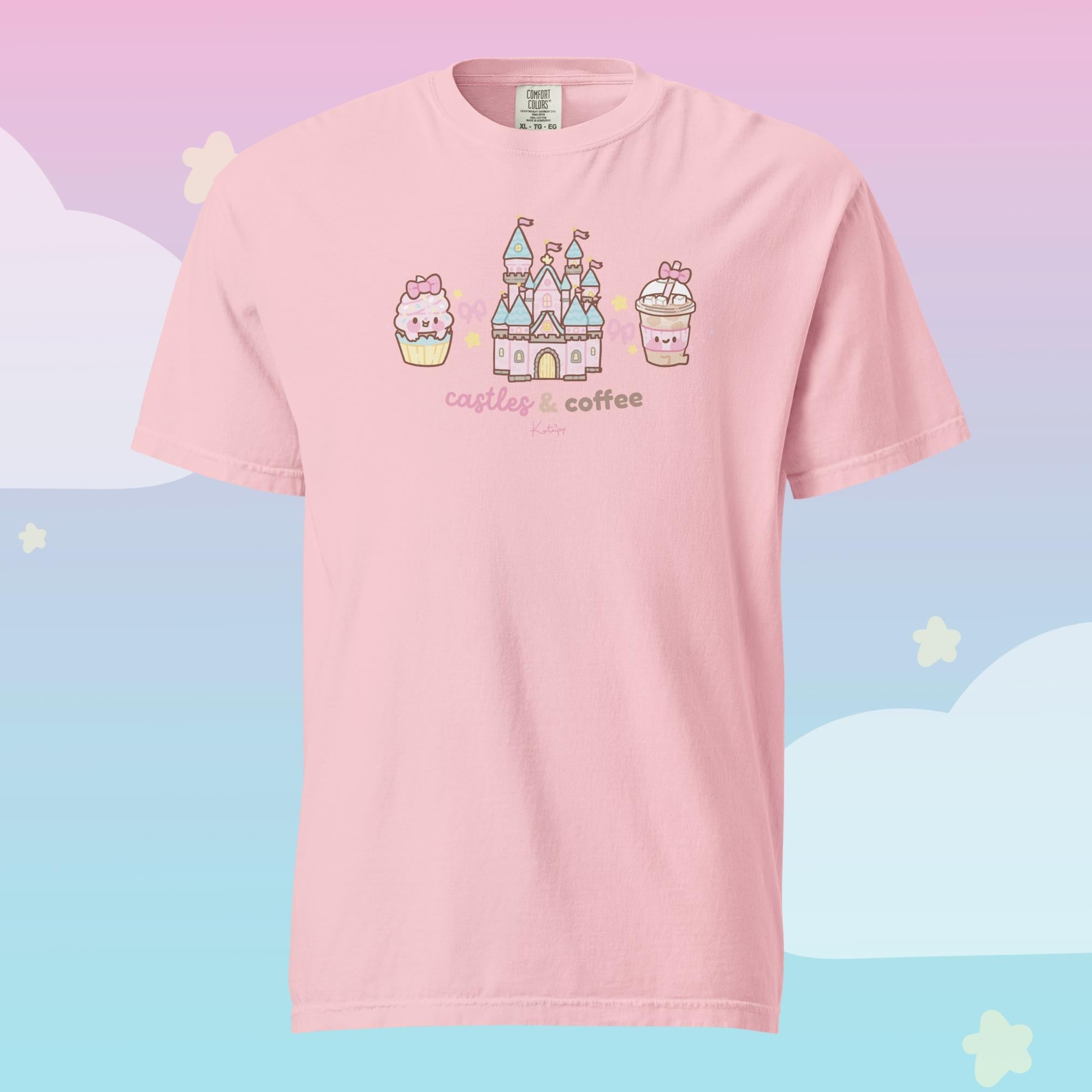 Castles & Coffee Heavyweight Premium T-Shirt | Kawaii Theme Park Graphic Tee | Cosy Kingdom Collection Katnipp character product