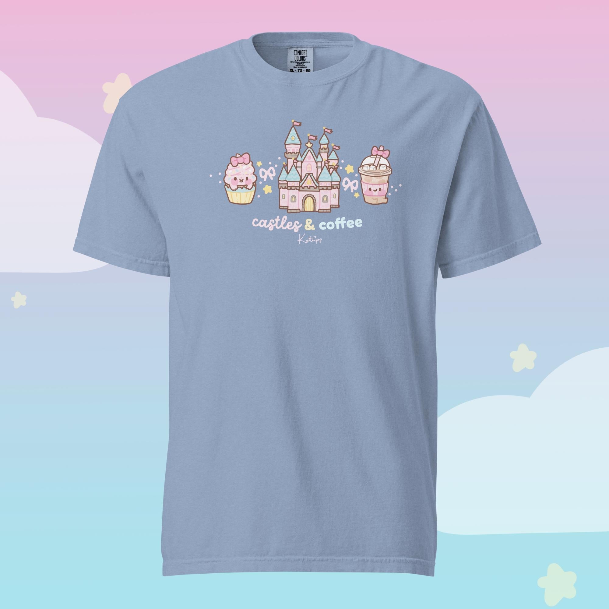 Castles & Coffee Heavyweight Premium T-Shirt | Kawaii Theme Park Graphic Tee | Cosy Kingdom Collection Katnipp character product