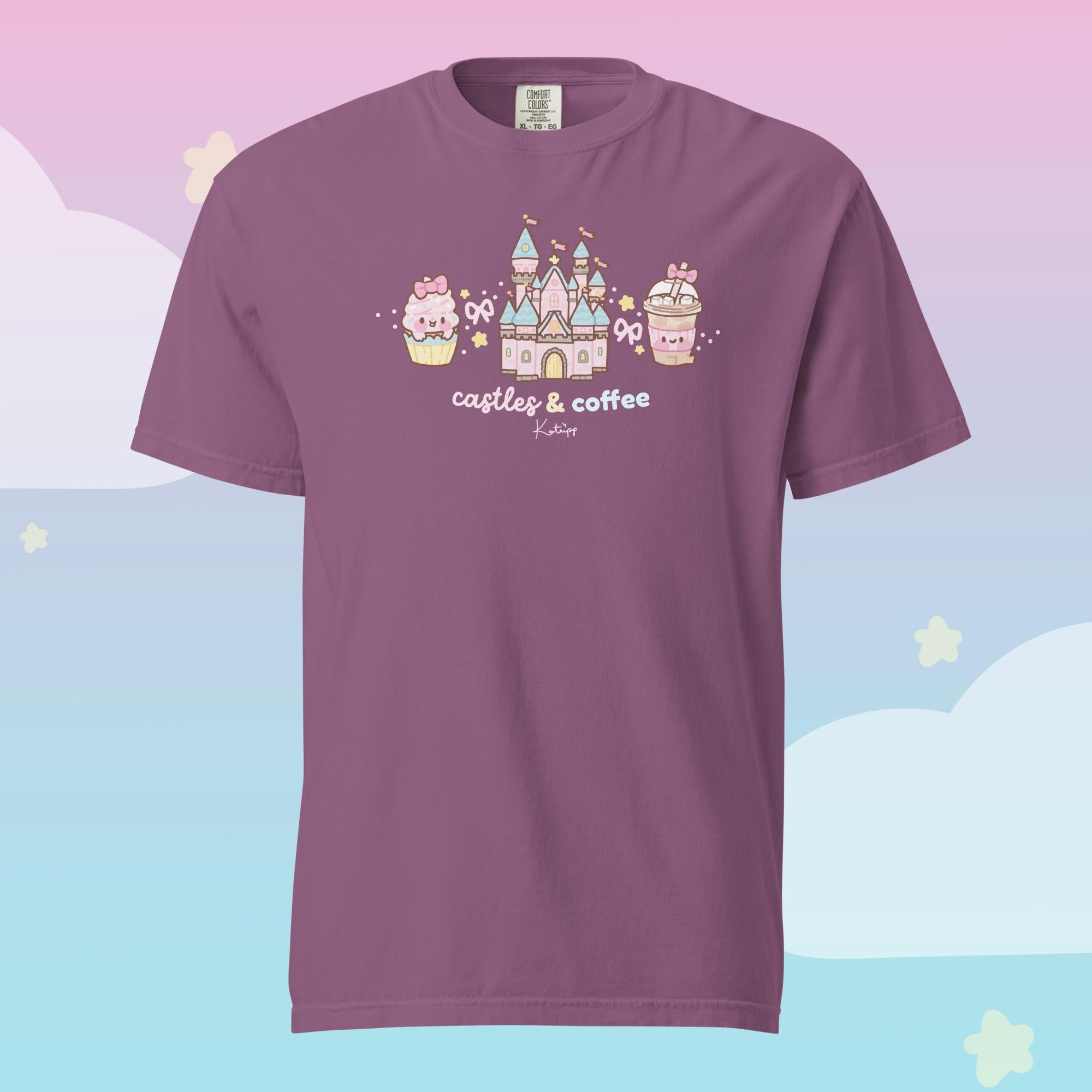 Castles & Coffee Heavyweight Premium T-Shirt | Kawaii Theme Park Graphic Tee | Cosy Kingdom Collection Katnipp character product