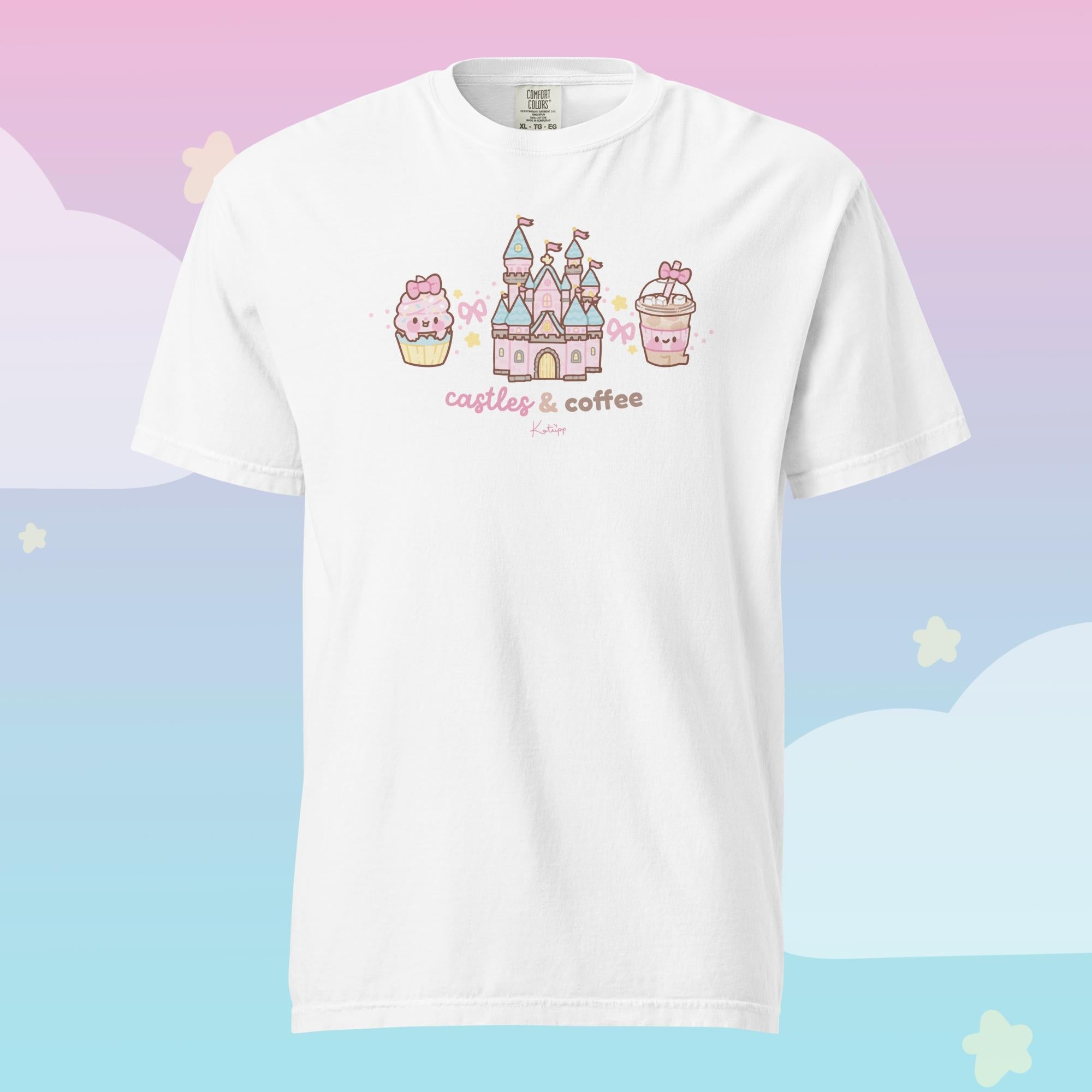 Castles & Coffee Heavyweight Premium T-Shirt | Kawaii Theme Park Graphic Tee | Cosy Kingdom Collection Katnipp character product