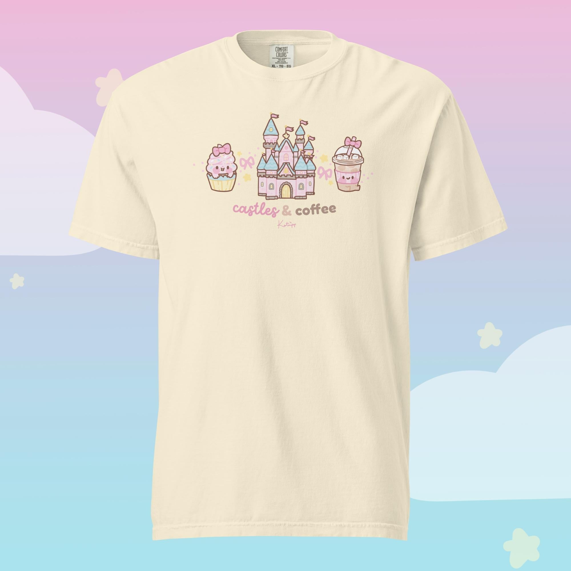 Castles & Coffee Heavyweight Premium T-Shirt | Kawaii Theme Park Graphic Tee | Cosy Kingdom Collection Katnipp character product