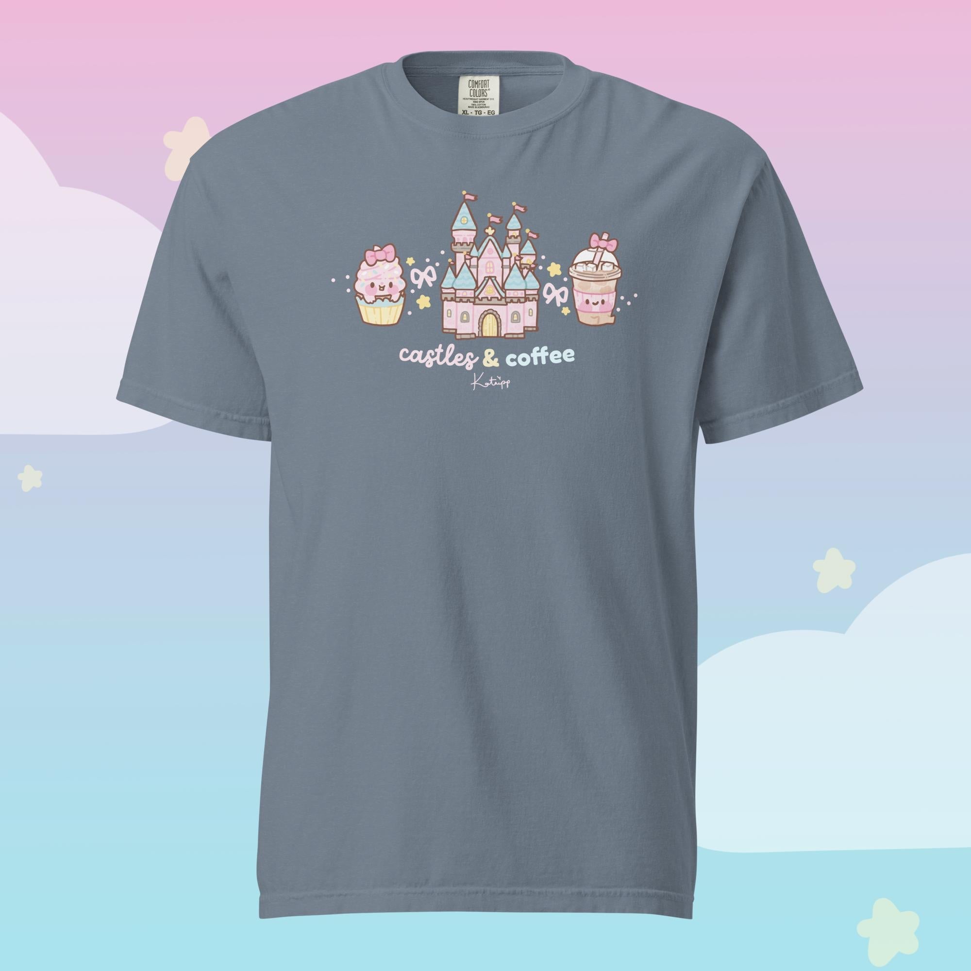 Castles & Coffee Heavyweight Premium T-Shirt | Kawaii Theme Park Graphic Tee | Cosy Kingdom Collection Katnipp character product