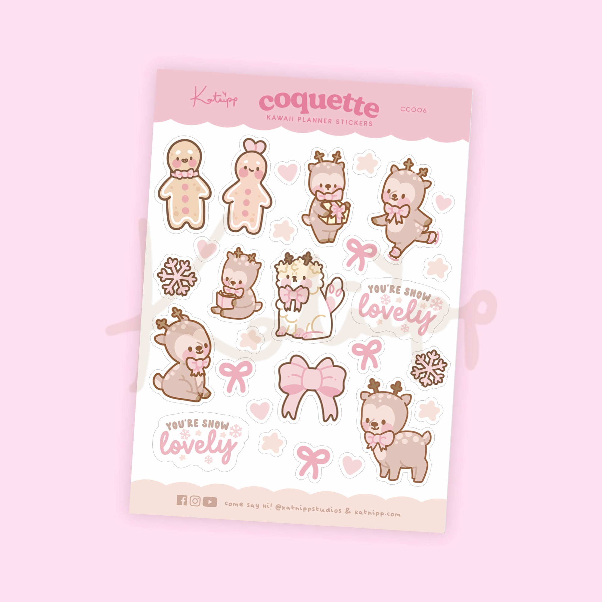 Christmas Pink Coquette Bow Sticker Sheet | Kawaii Christmas Stickers with Cinnamon, Gingie & Spice, Puddin | CC006 - Katnipp Studios