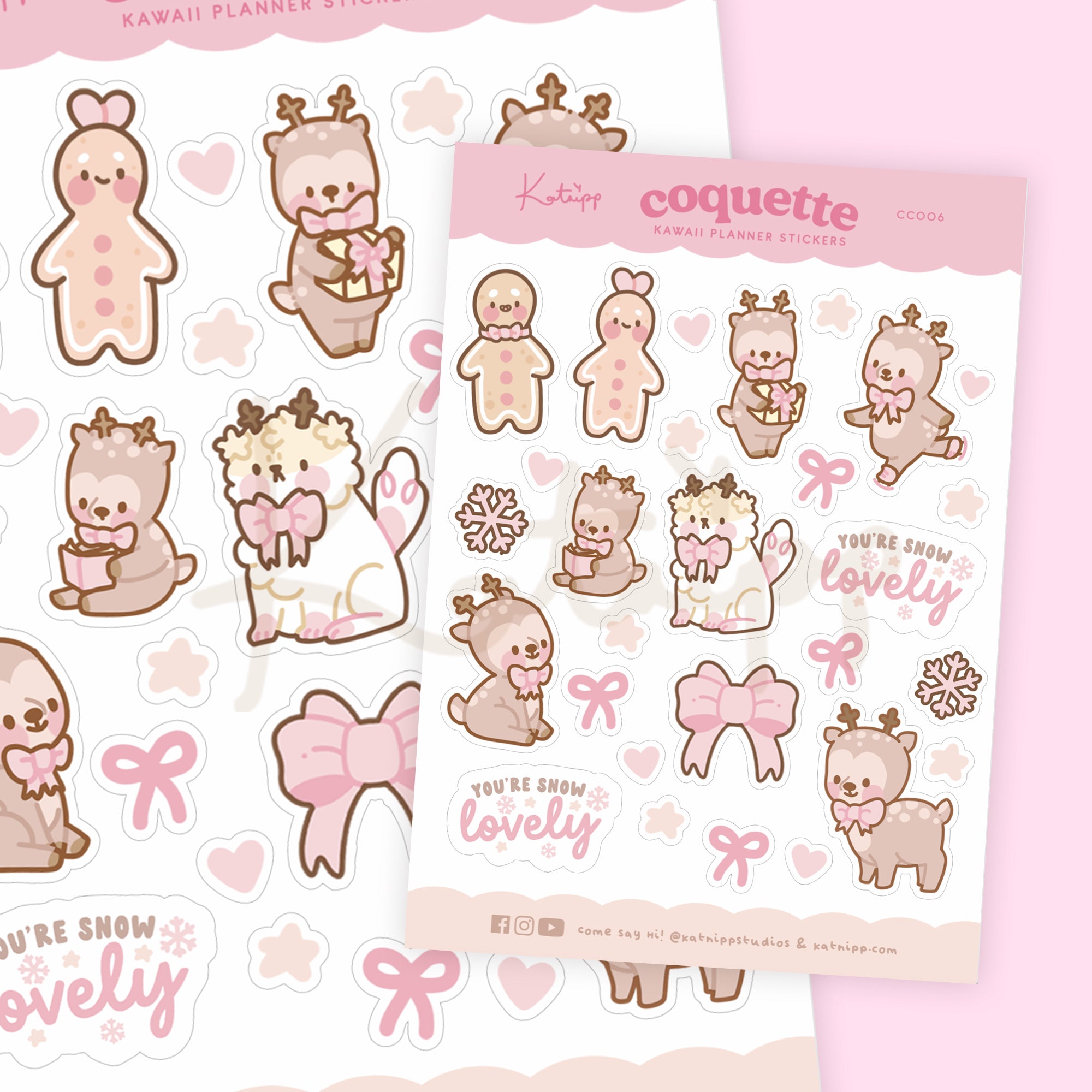 Christmas Pink Coquette Bow Sticker Sheet | Kawaii Christmas Stickers with Cinnamon, Gingie & Spice, Puddin | CC006 - Katnipp Studios