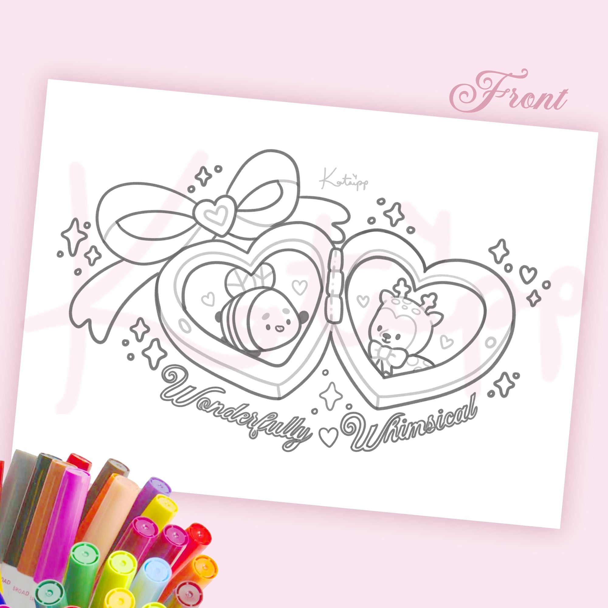 Cinnamon & Bumblebutt Colouring Postcard | Whimsical Pink Coquette A6 Kawaii Katnipp Card kawaii character design by Katnipp