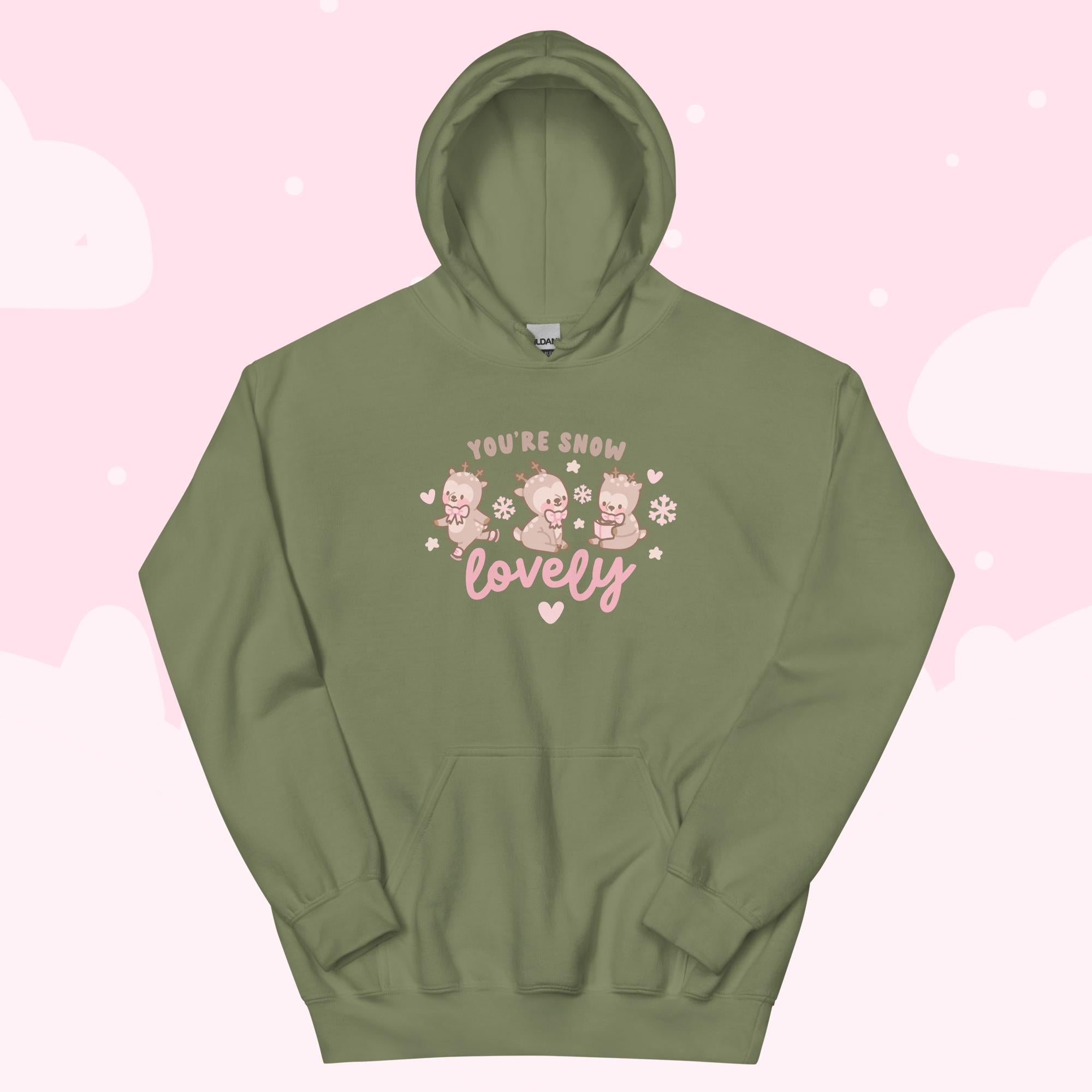 Cinnamon Reindeer Hoodie | Cute Kawaii Christmas Hoodie | “You’re Snow Lovely” Festive Holiday Design - Katnipp Studios