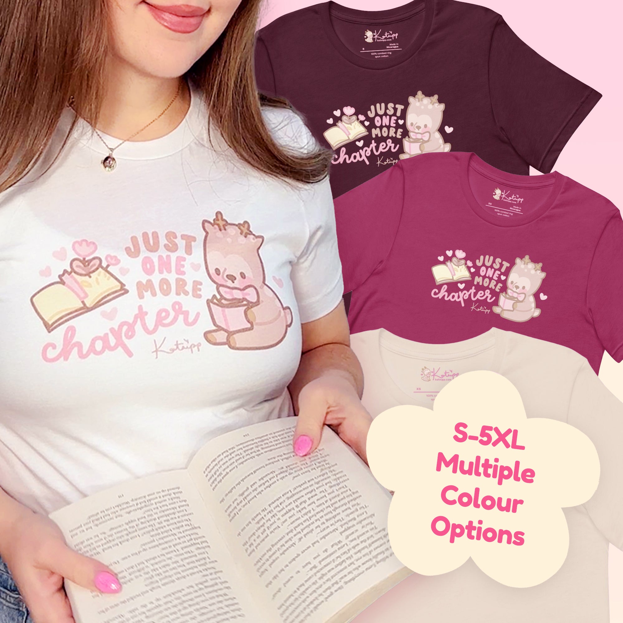 Cinnamon Reindeer “Just One More Chapter” Christmas T-Shirt | Cute Kawaii Book Lover’s Holiday Apparel - Katnipp Studios