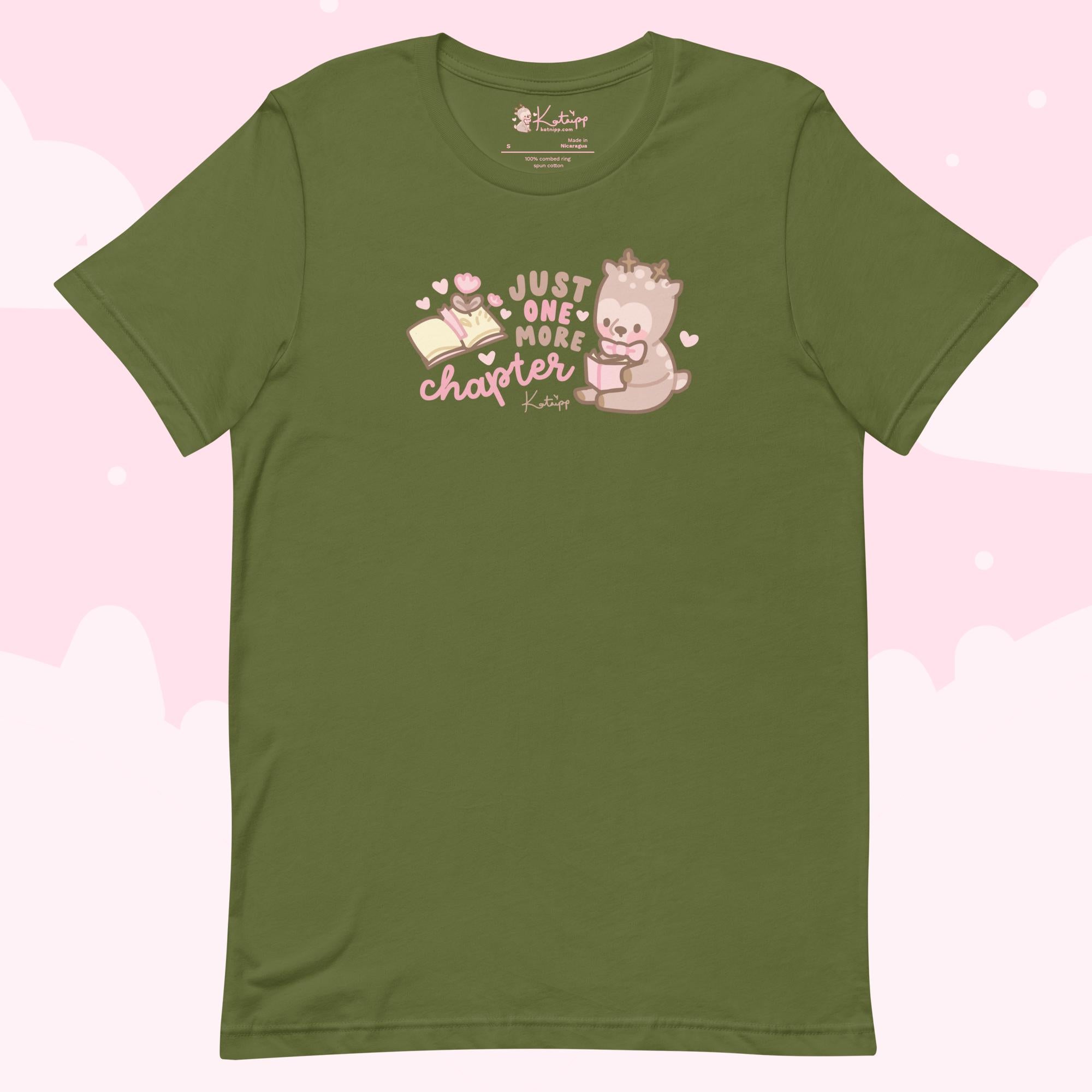 Cinnamon Reindeer “Just One More Chapter” Christmas T-Shirt | Cute Kawaii Book Lover’s Holiday Apparel - Katnipp Studios