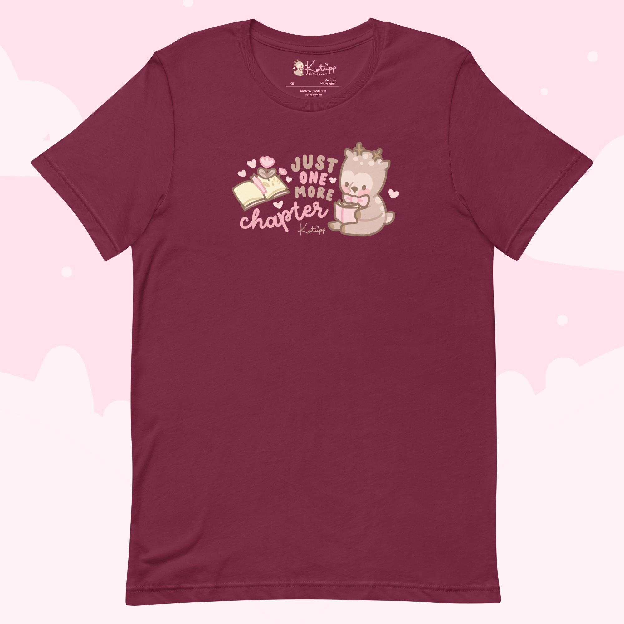 Cinnamon Reindeer “Just One More Chapter” Christmas T-Shirt | Cute Kawaii Book Lover’s Holiday Apparel - Katnipp Studios