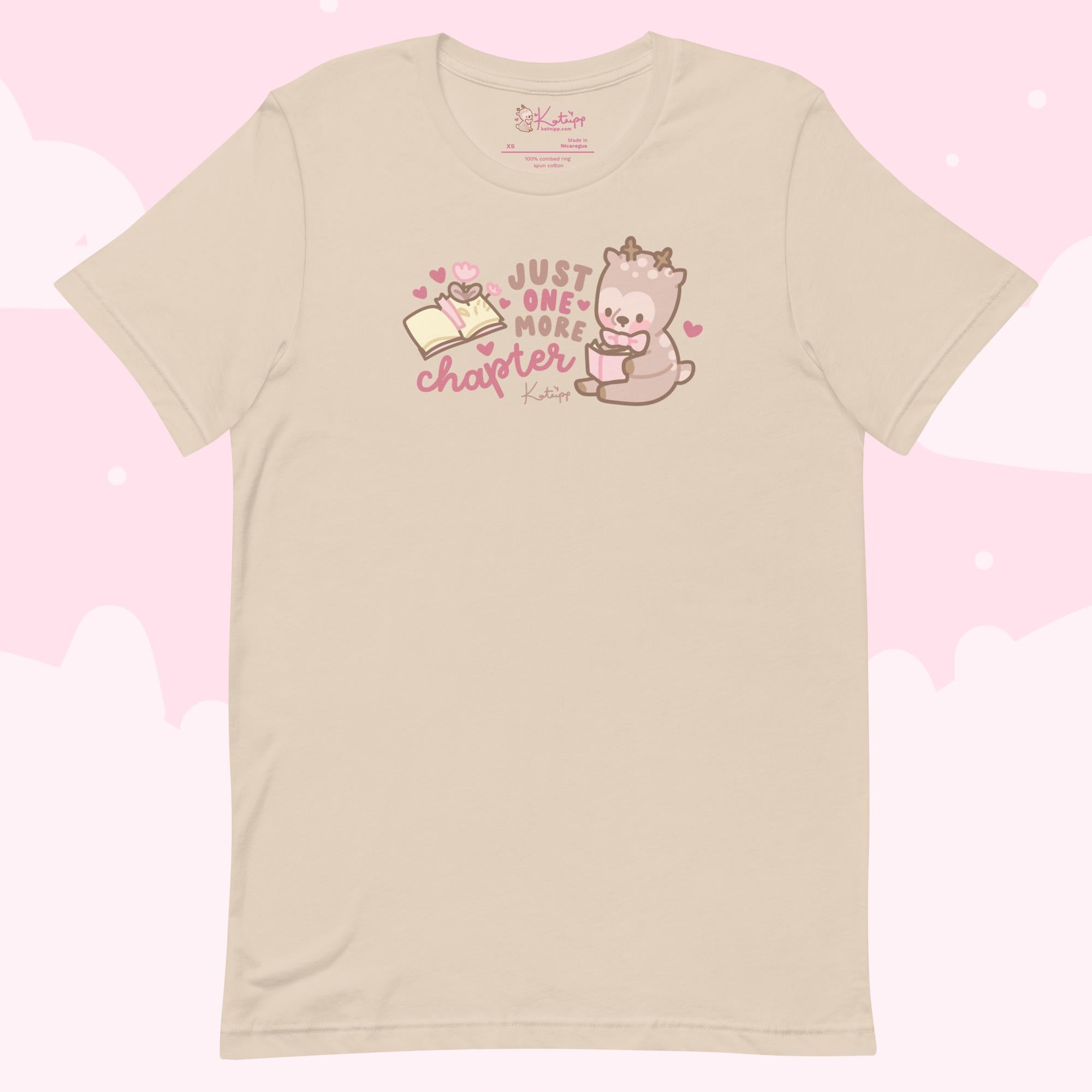 Cinnamon Reindeer “Just One More Chapter” Christmas T-Shirt | Cute Kawaii Book Lover’s Holiday Apparel - Katnipp Studios