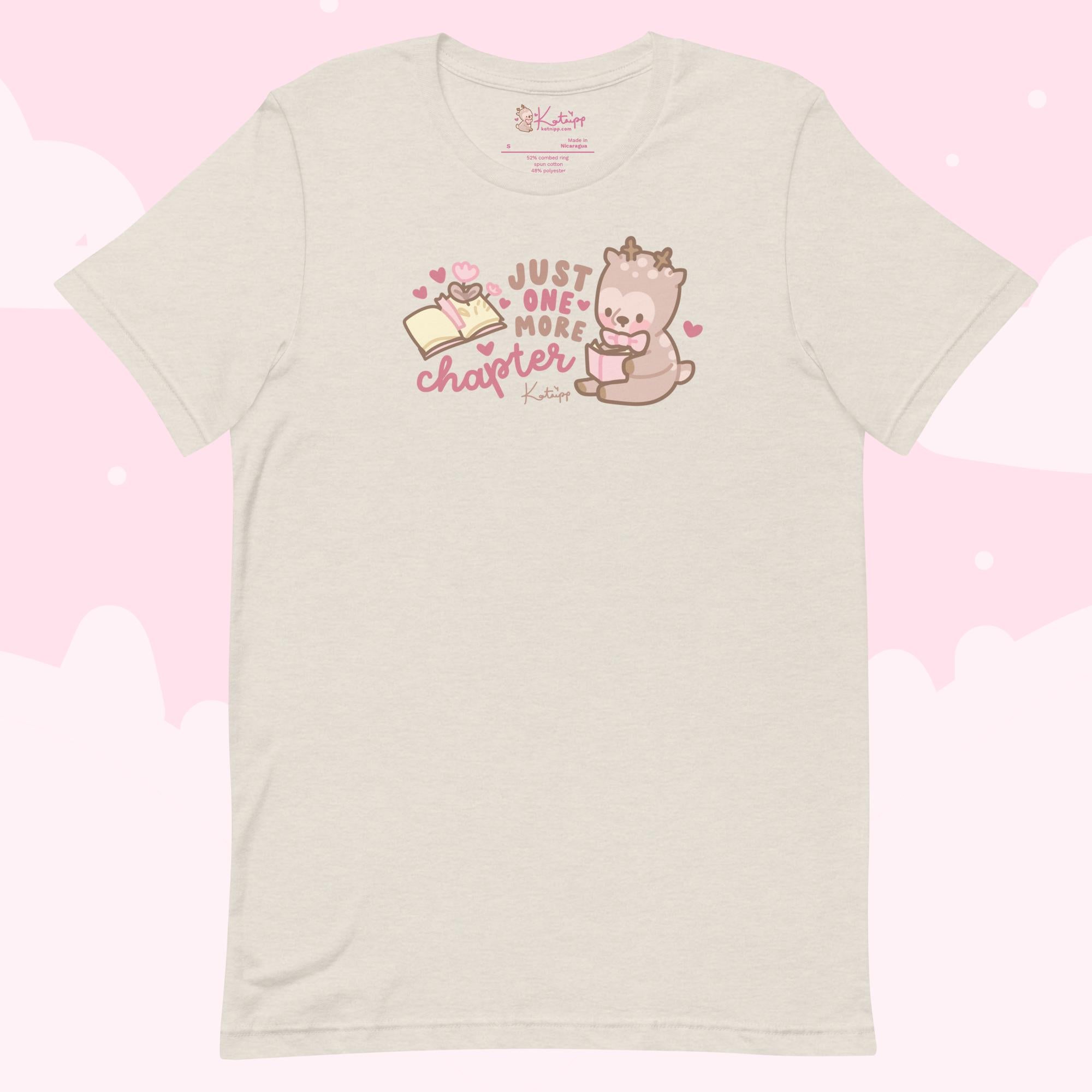 Cinnamon Reindeer “Just One More Chapter” Christmas T-Shirt | Cute Kawaii Book Lover’s Holiday Apparel - Katnipp Studios