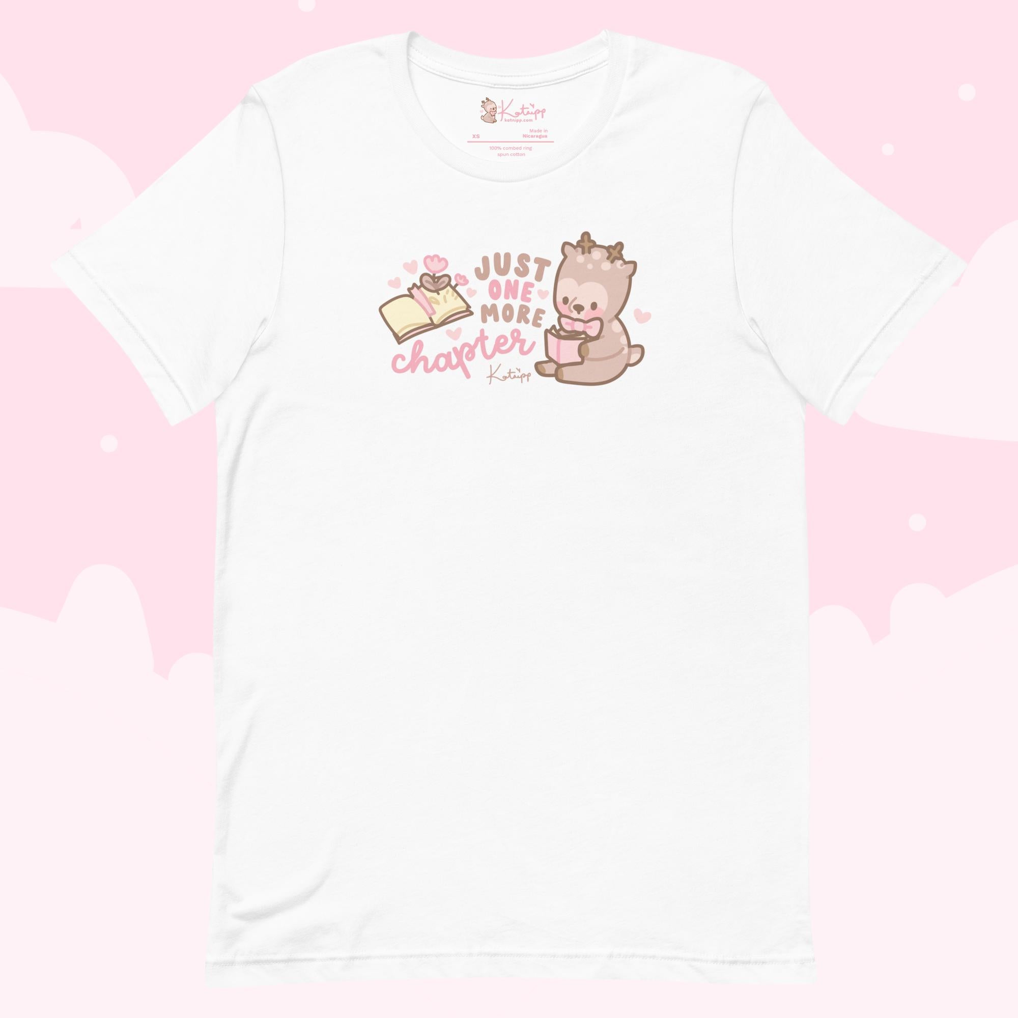 Cinnamon Reindeer “Just One More Chapter” Christmas T-Shirt | Cute Kawaii Book Lover’s Holiday Apparel - Katnipp Studios