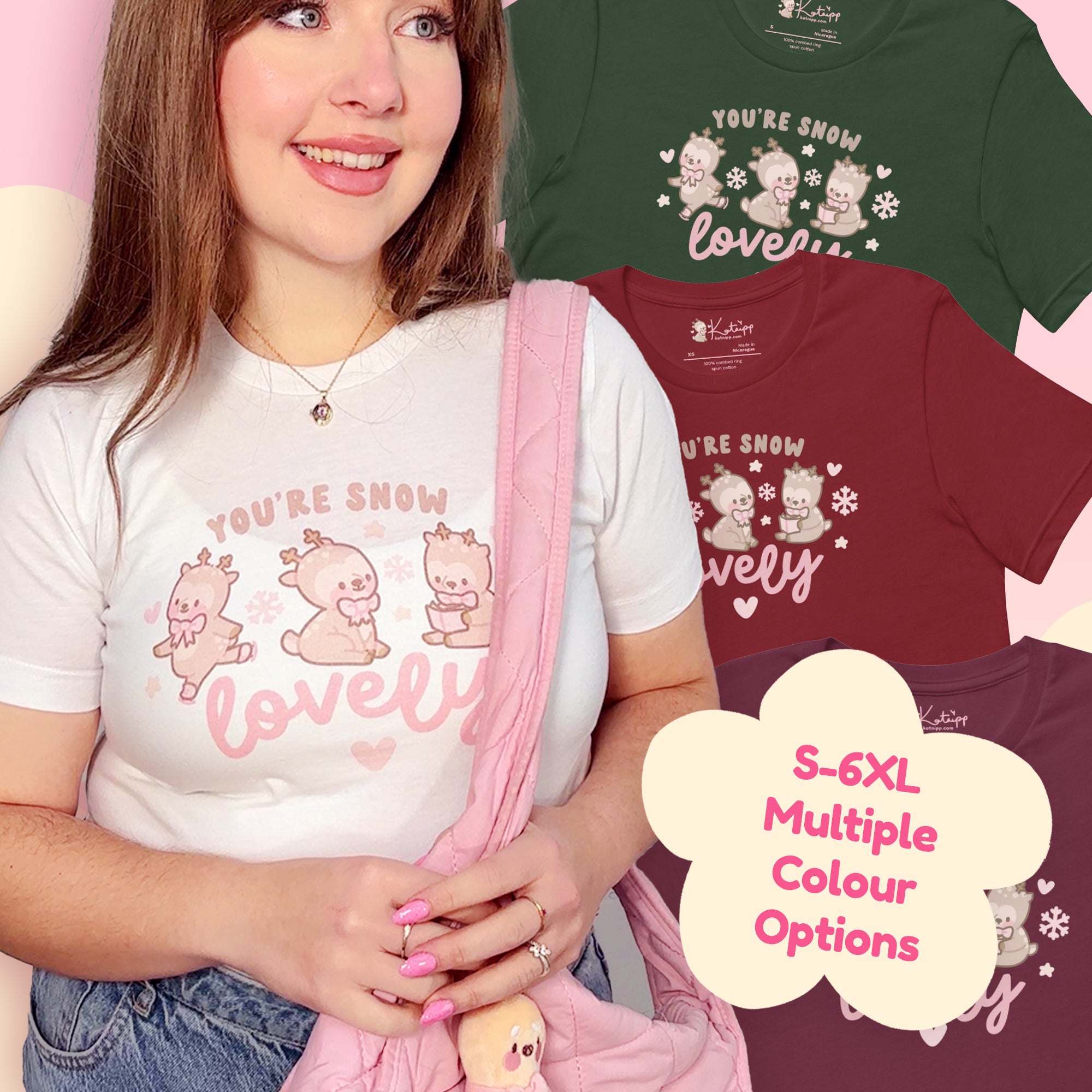 Cinnamon Reindeer “You’re Snow Lovely” Christmas T-Shirt | Cute Kawaii Holiday Graphic Tee for Winter - Katnipp Studios