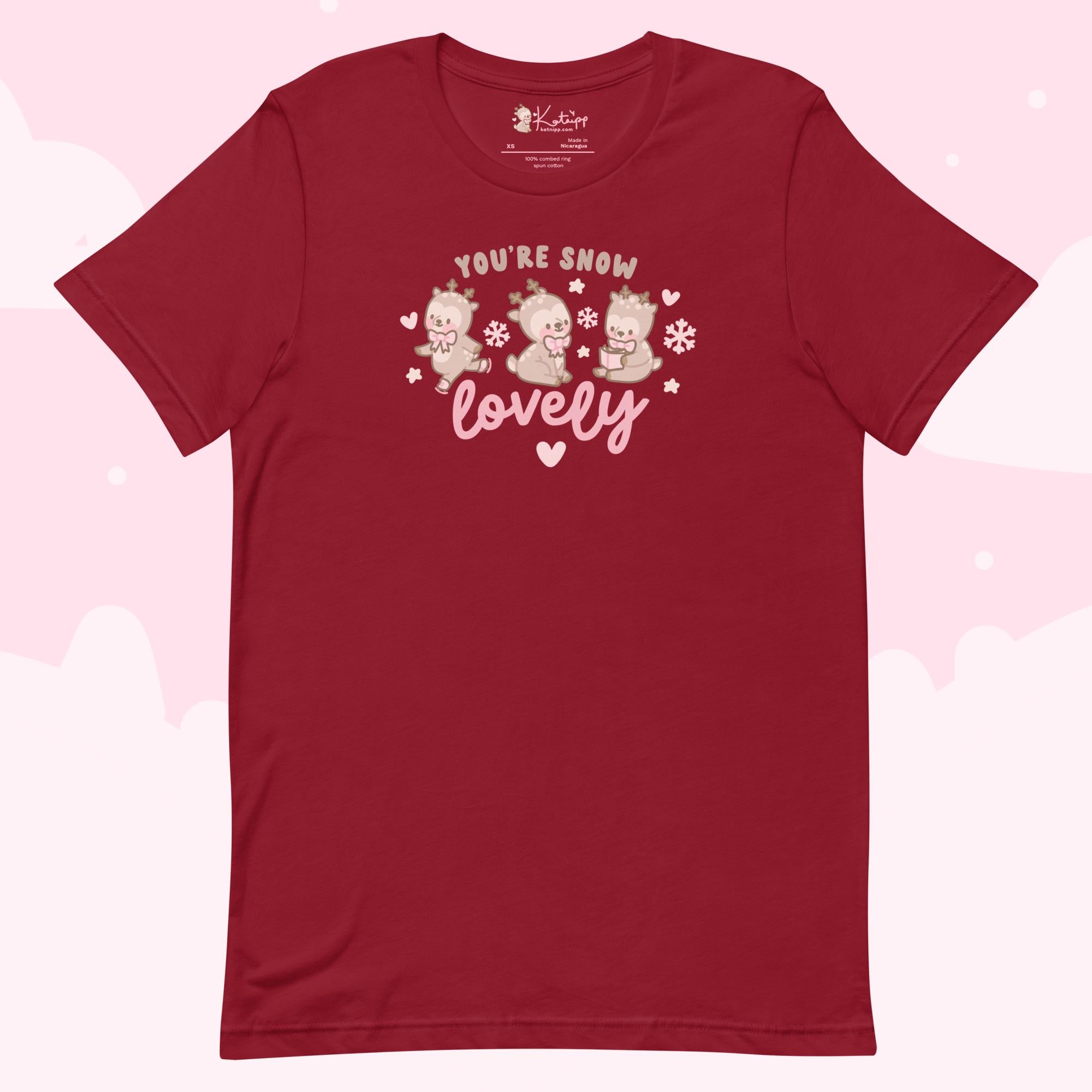 Cinnamon Reindeer “You’re Snow Lovely” Christmas T-Shirt | Cute Kawaii Holiday Graphic Tee for Winter - Katnipp Studios