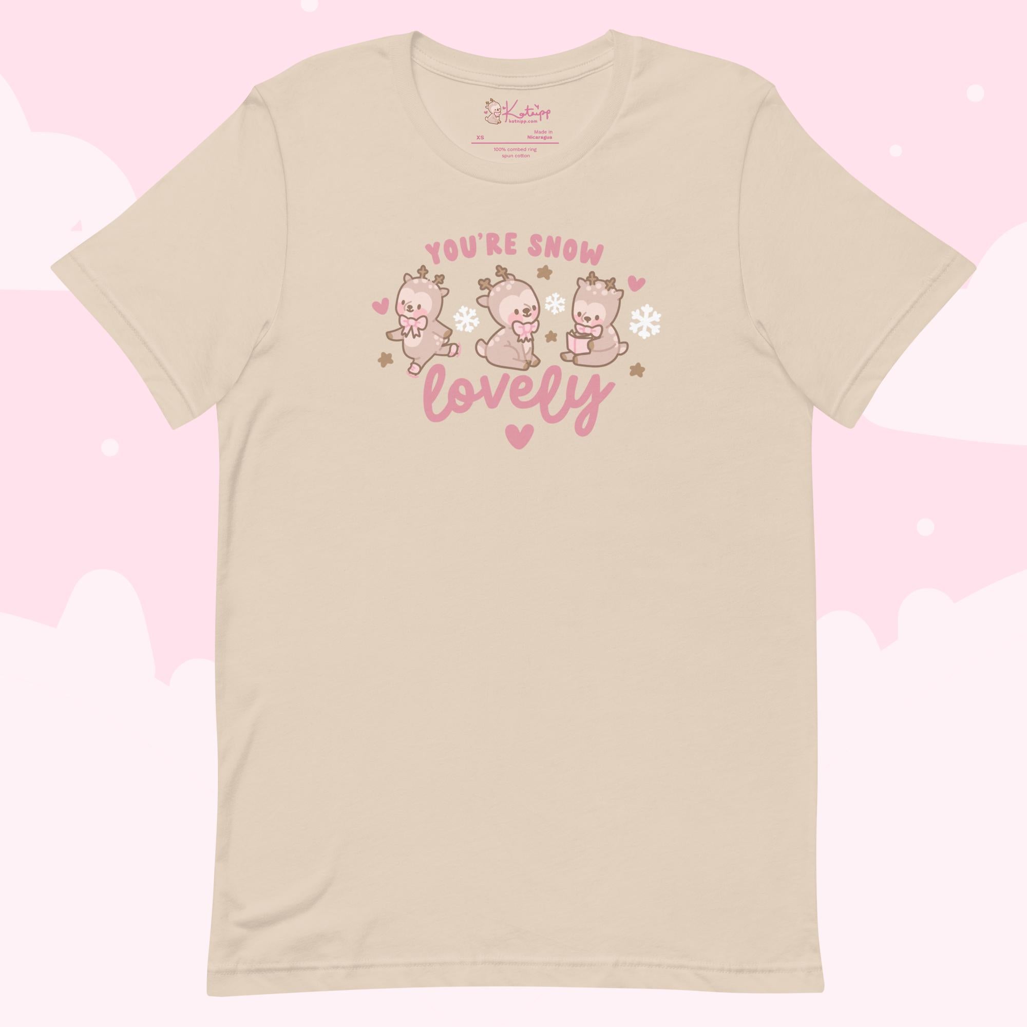 Cinnamon Reindeer “You’re Snow Lovely” Christmas T-Shirt | Cute Kawaii Holiday Graphic Tee for Winter - Katnipp Studios