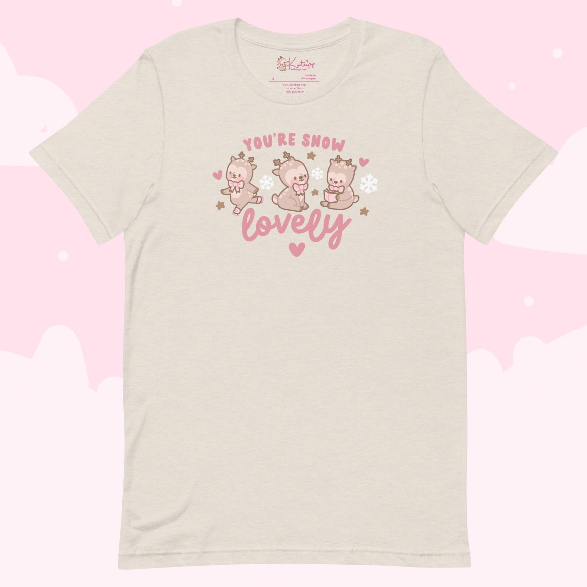 Cinnamon Reindeer “You’re Snow Lovely” Christmas T-Shirt | Cute Kawaii Holiday Graphic Tee for Winter - Katnipp Studios