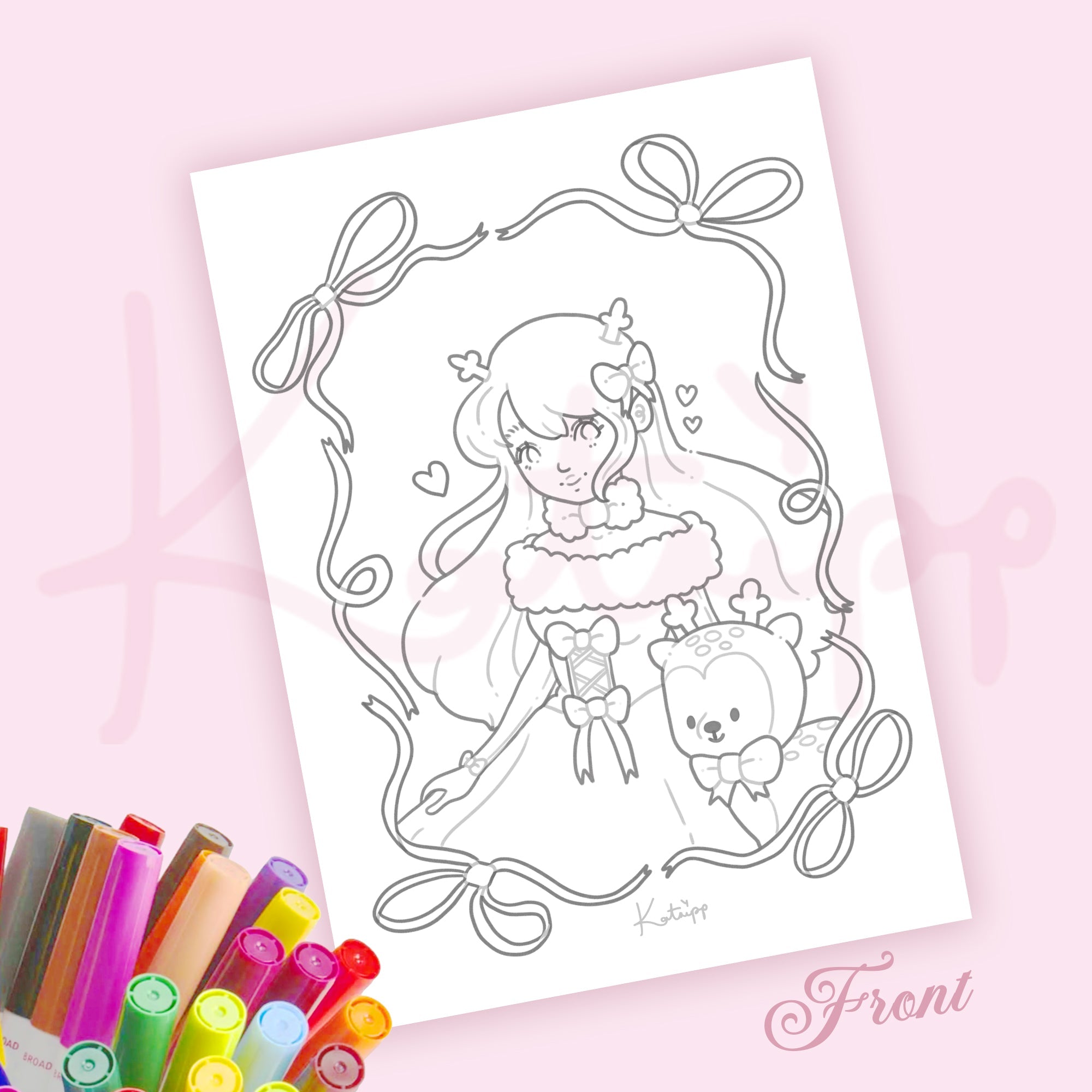 Cinnamon & Sorreline Colouring Postcard | Pink Coquette Kawaii A6 Card Katnipp character product