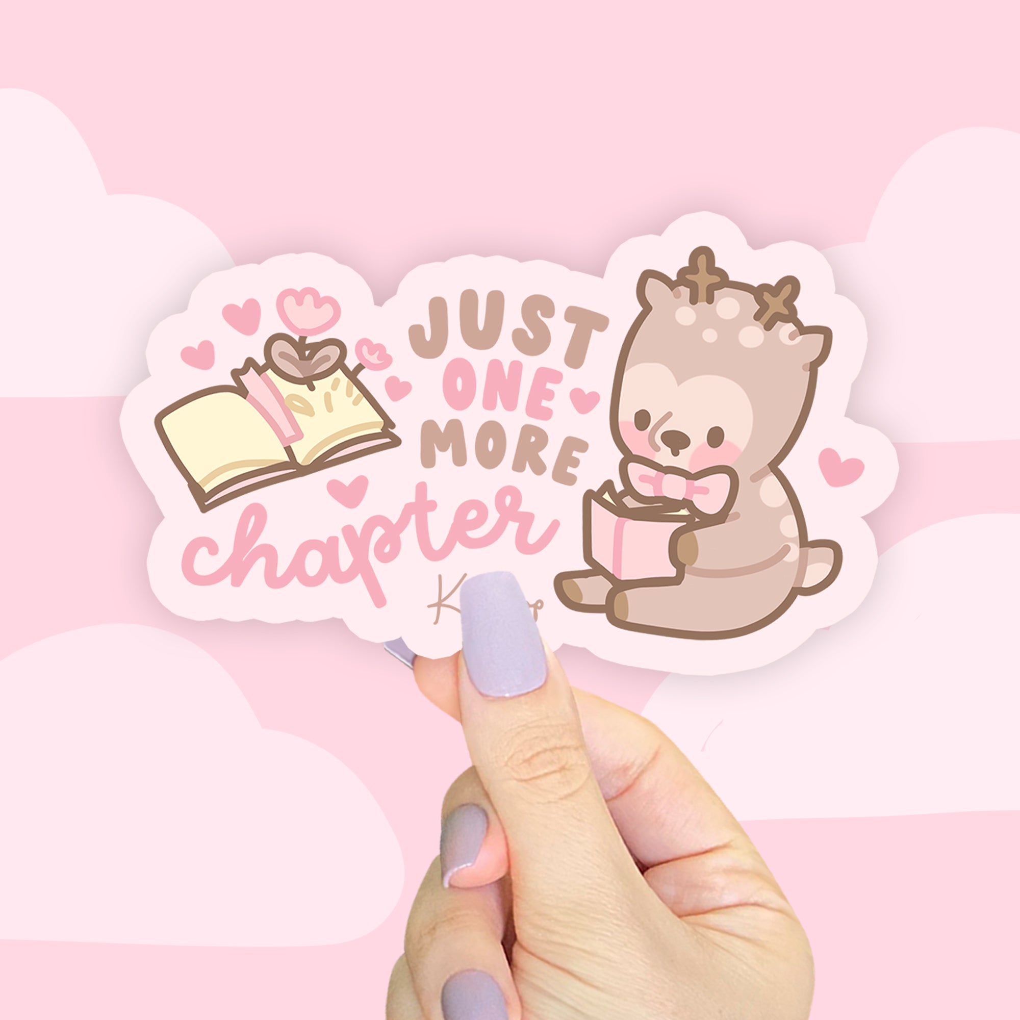 Cinnamon the Chubby Reindeer Die-Cut Sticker | Just One More Chapter | Kawaii Book Lover Gift | Cosy Reading Vinyl Decor - Katnipp Studios
