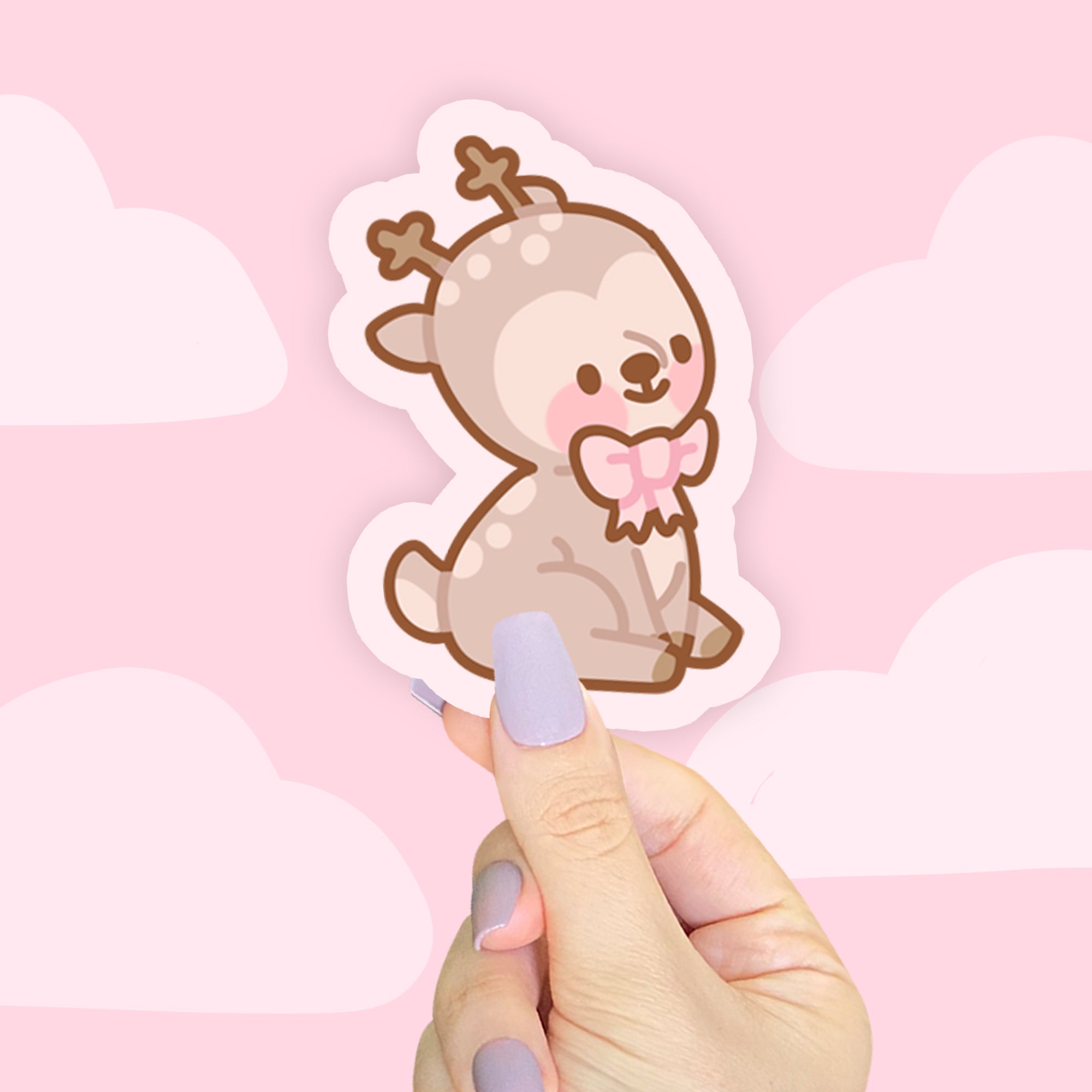 Cinnamon the Chubby Reindeer Die-Cut Sticker | Pink Coquette Bow | Festive Christmas Kawaii Decor - Katnipp Studios