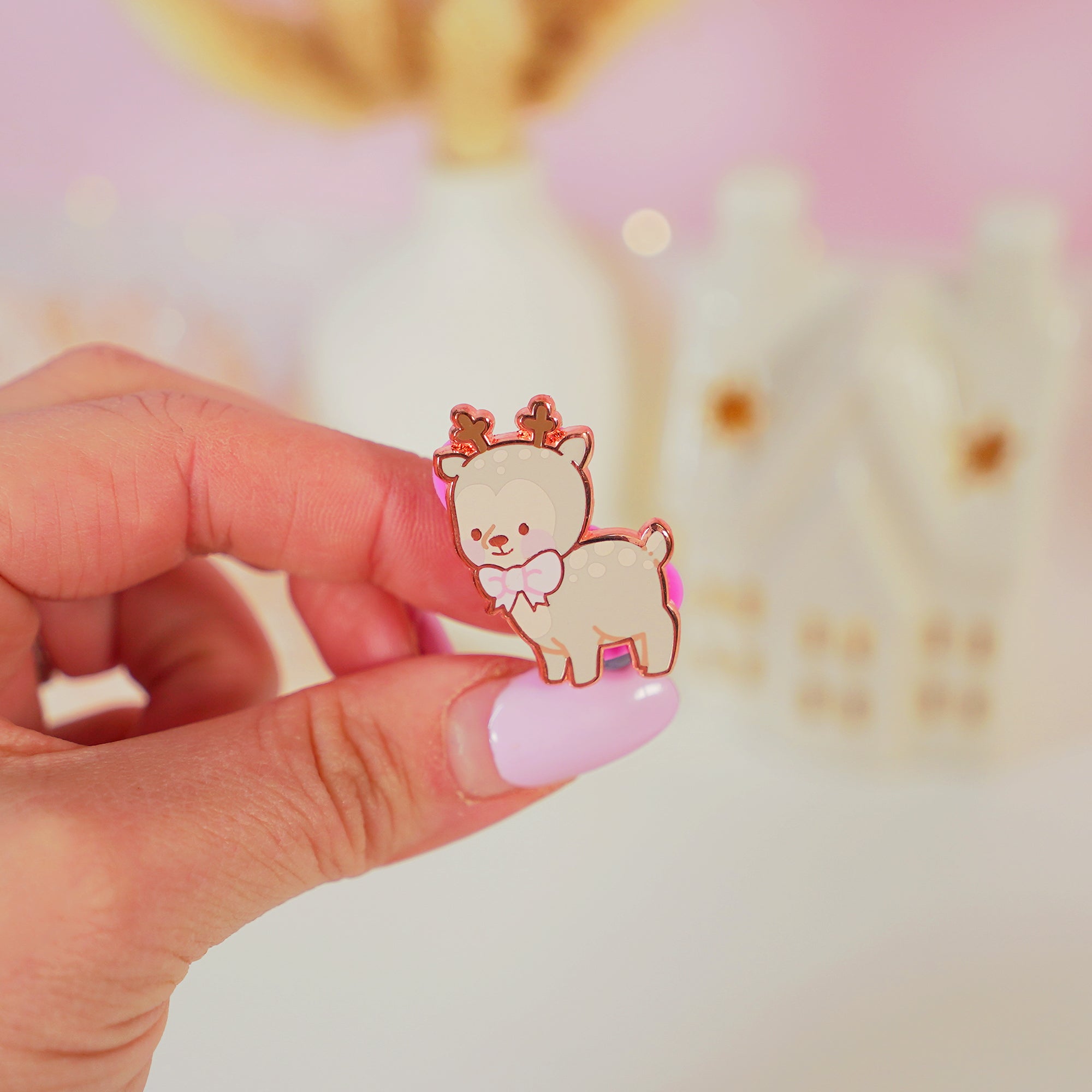 Cinnamon the Chubby Reindeer Enamel Pin | Christmas Kawaii Accessory | Pink Coquette Bow Collection - Katnipp Studios