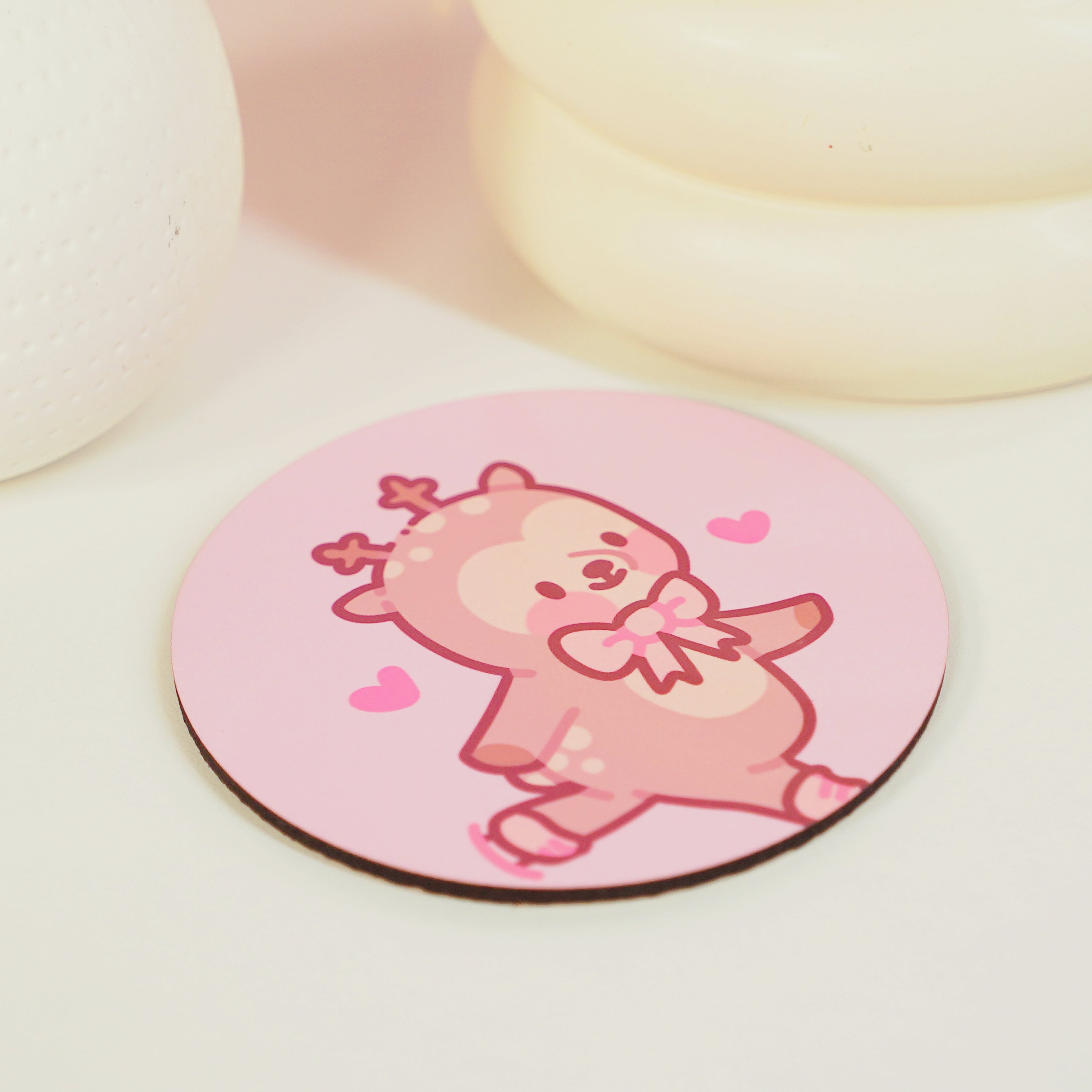 Cinnamon the Chubby Reindeer Ice Skating Coaster | Kawaii Pink Coquette Christmas Decor | Festive Drinkware Accessory - Katnipp Studios