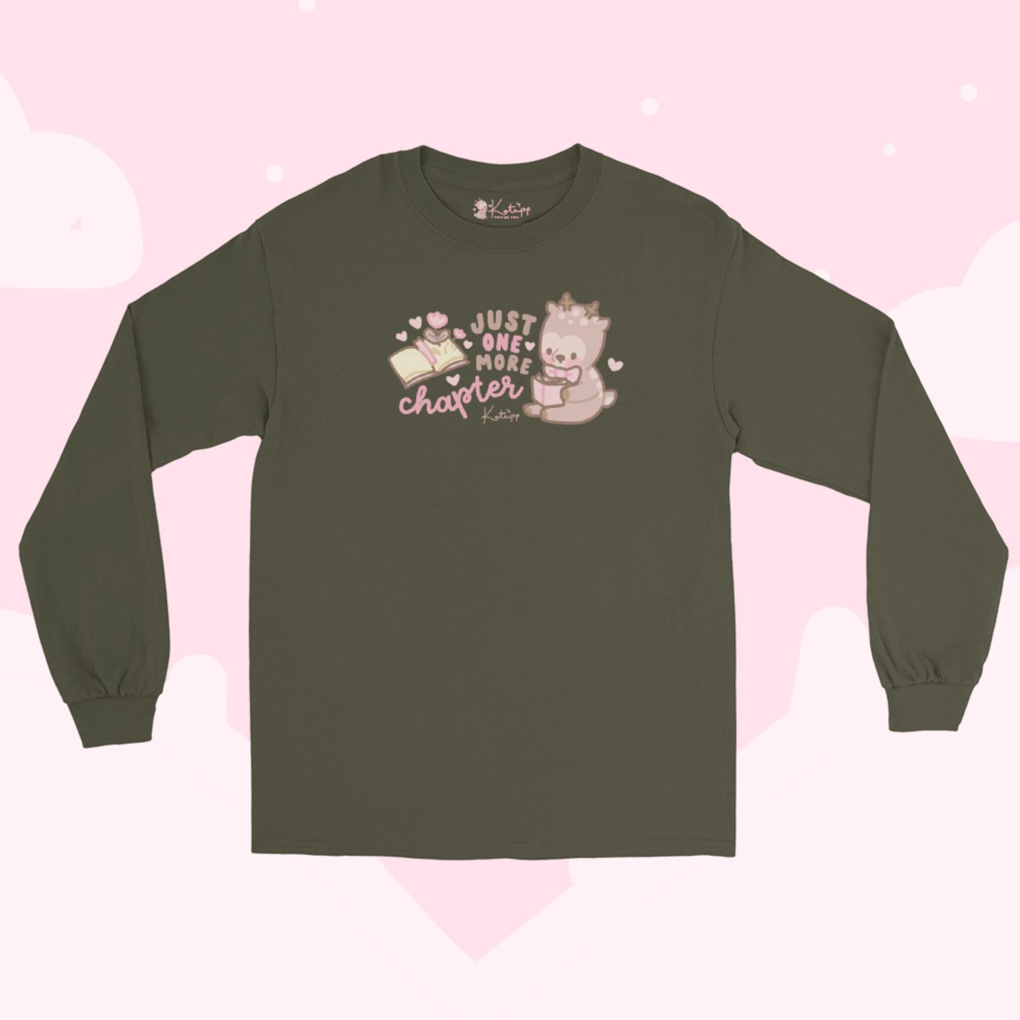 Cinnamon the Chubby Reindeer Long Sleeve Shirt | “Just One More Chapter” Kawaii Book Lover’s Cozy Apparel - Katnipp Studios