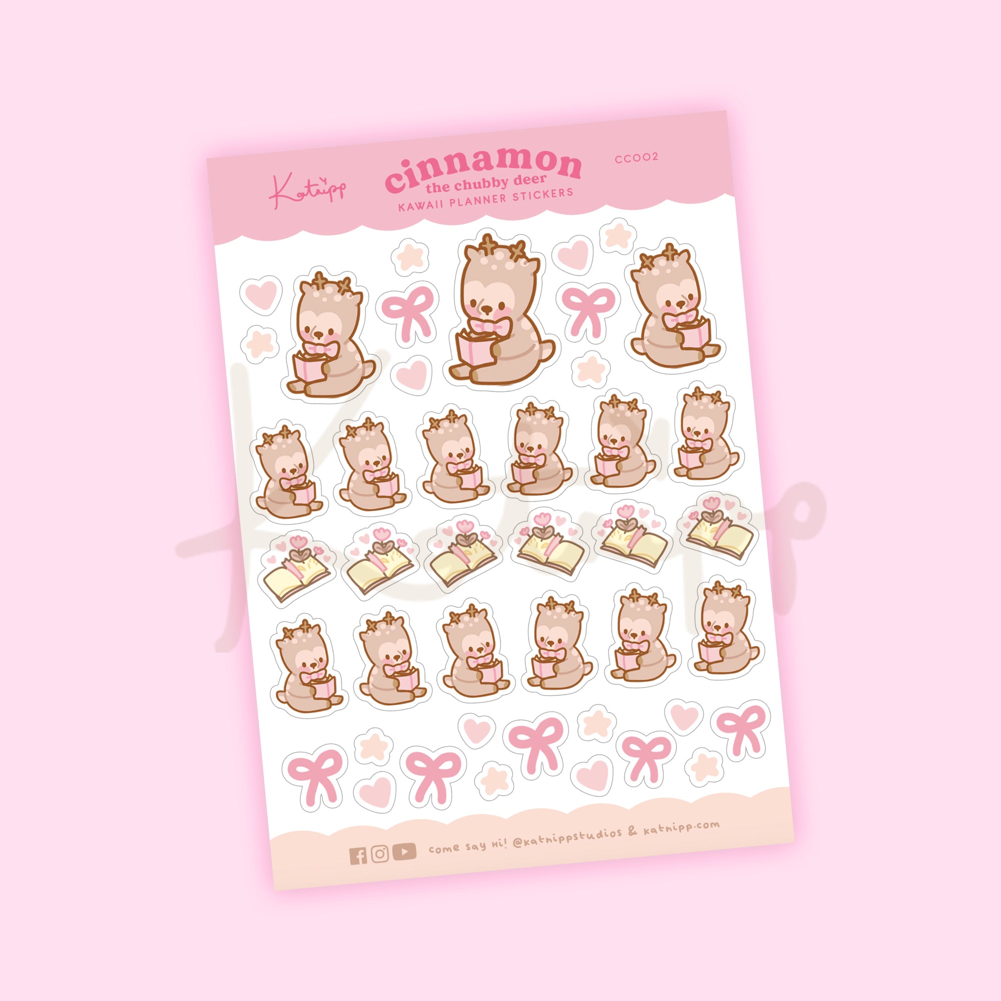 Cinnamon the Chubby Reindeer Reading Sticker Sheet | Cozy Kawaii Book Lover’s Stickers | CC002 - Katnipp Studios