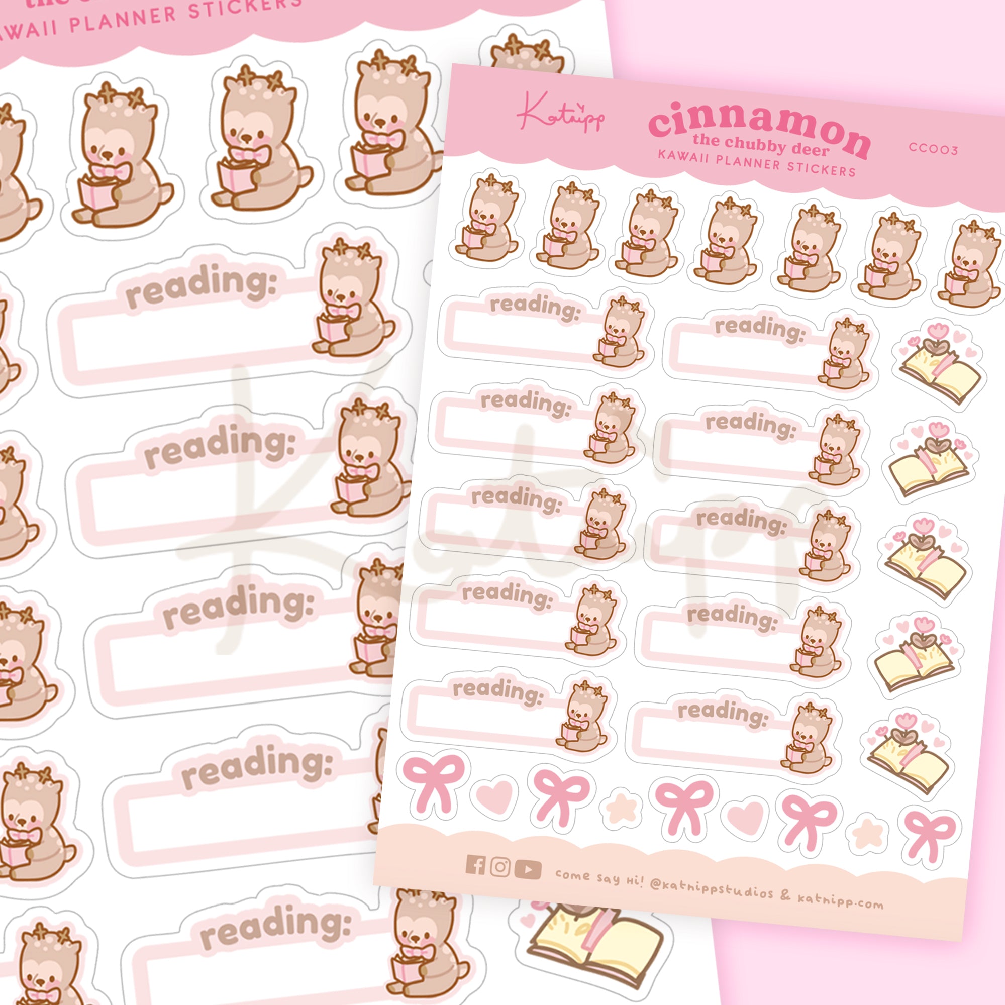 Cinnamon the Chubby Reindeer Reading Tracker Sticker Sheet | Kawaii Book Lover Stickers | CC003 - Katnipp Studios