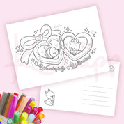 Cinnamon & Bumblebutt Colouring Postcard | Whimsical Pink Coquette A6 Kawaii Katnipp Card kawaii character design by Katnipp